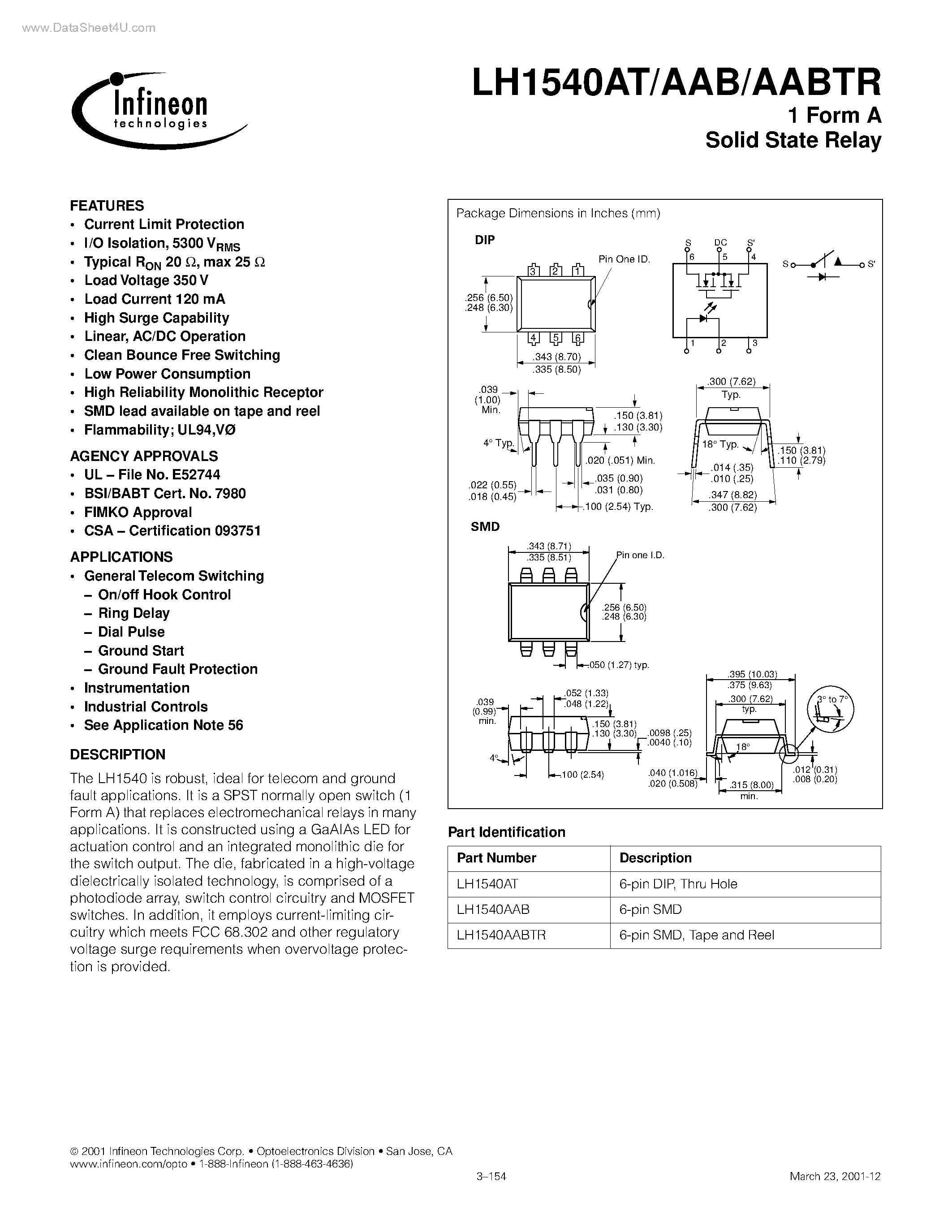Datasheet LH1540AAB - 1 Form A Solid State Relay page 1