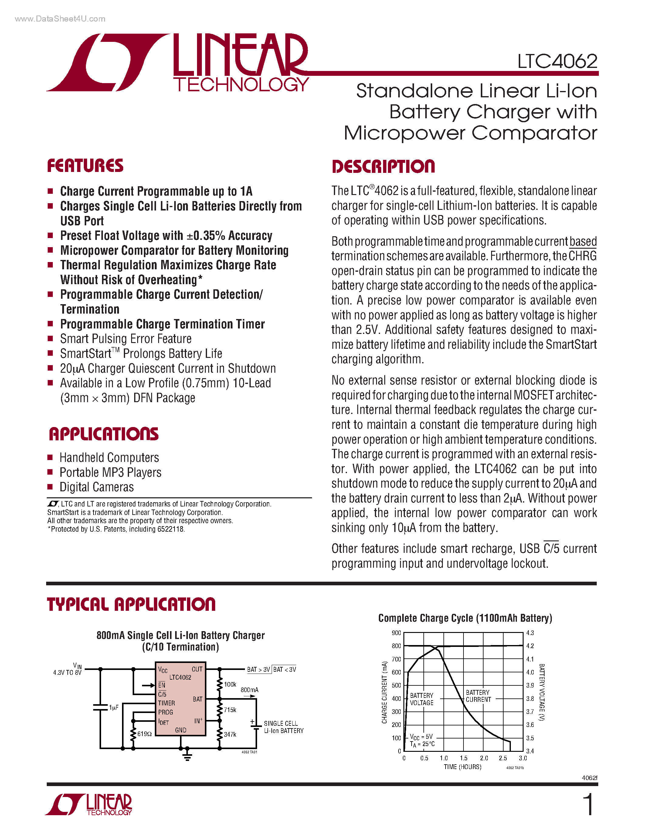 Datasheet LTC4062 - Standalone Linear Li-Ion Battery Charger page 1