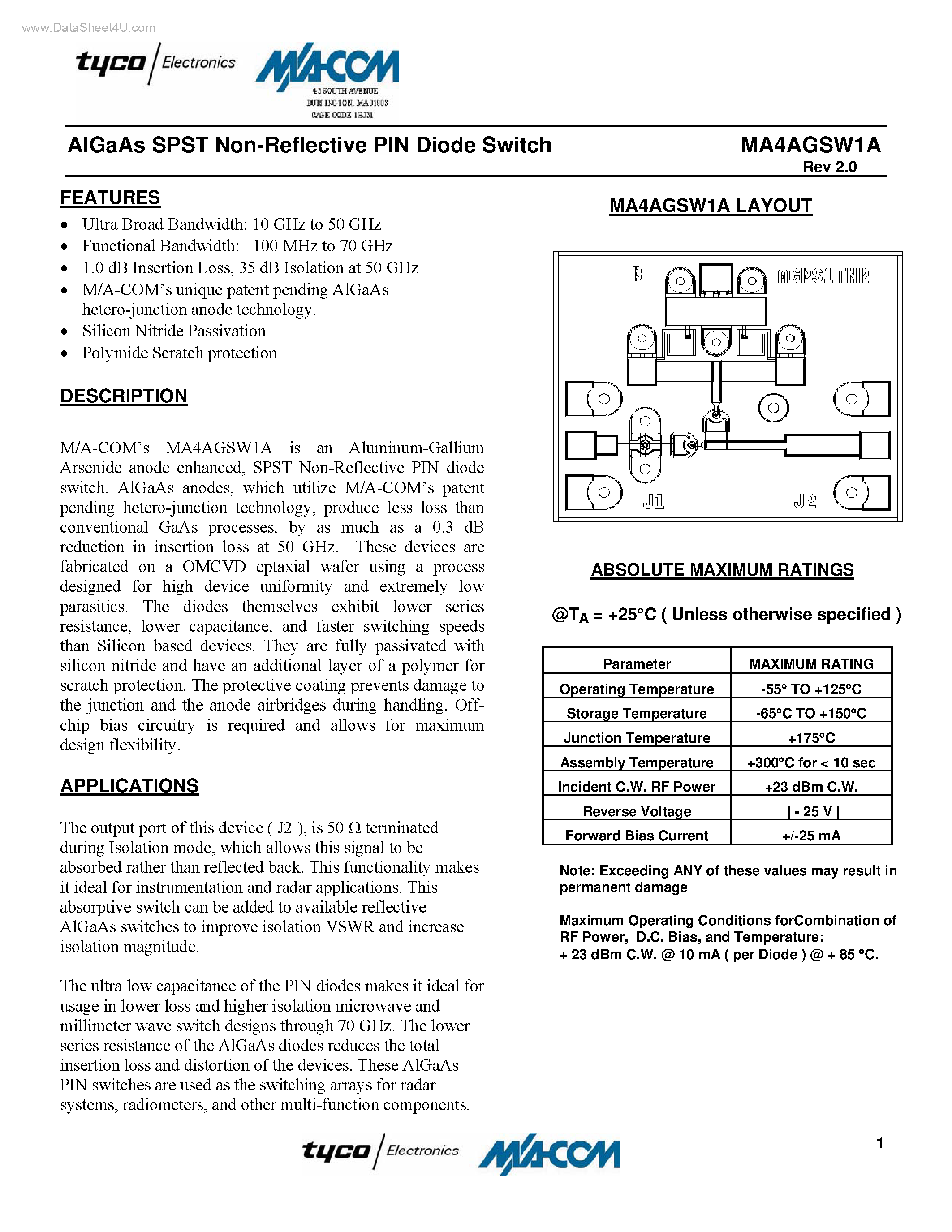 Datasheet MA4AGSW1A - AlGaAs SPST Non-Reflective PIN Diode Switch page 1