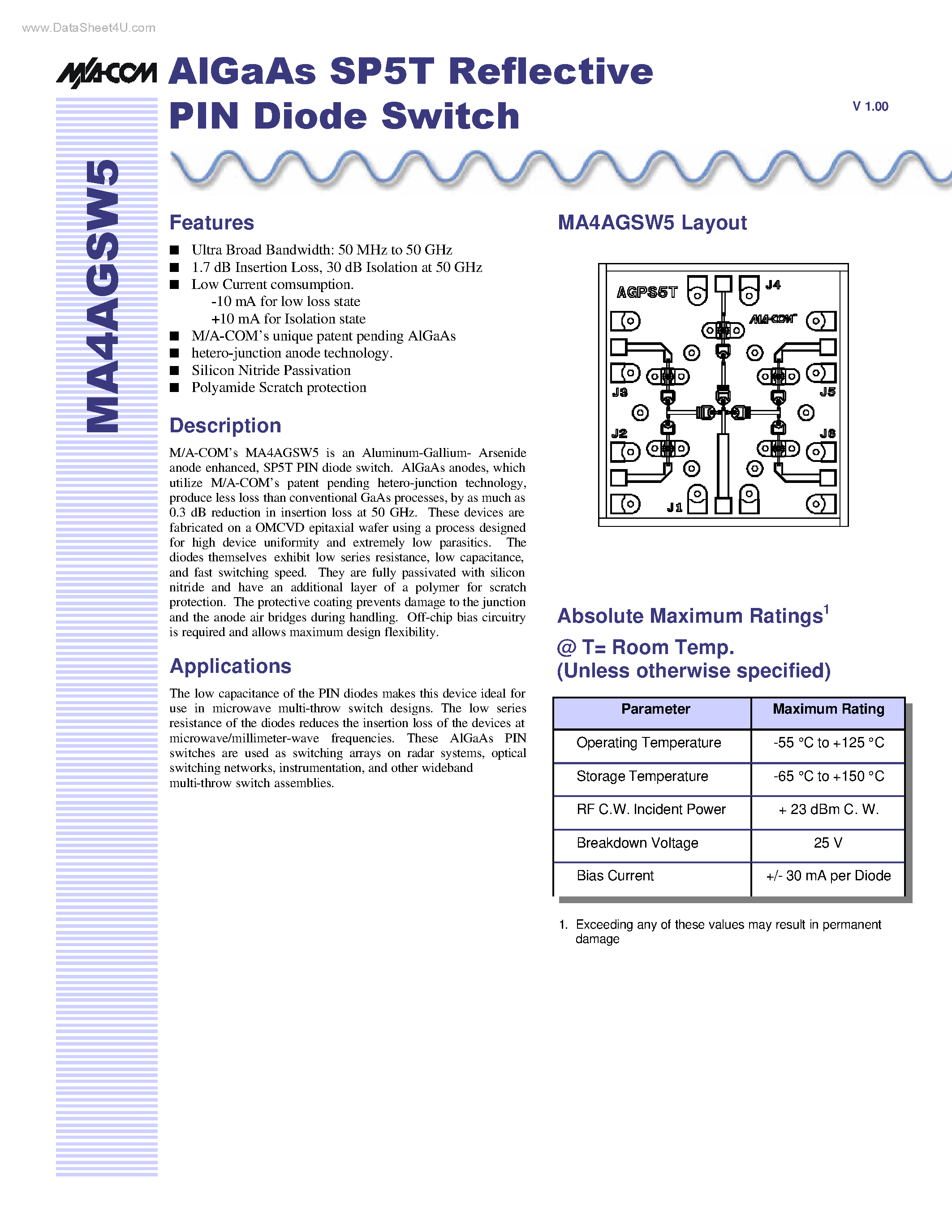 Datasheet MA4AGSW5 page 1 Datasheet MA4AGSW5 - AlGaAs SP5T Reflective PIN Diode Switch page 1
