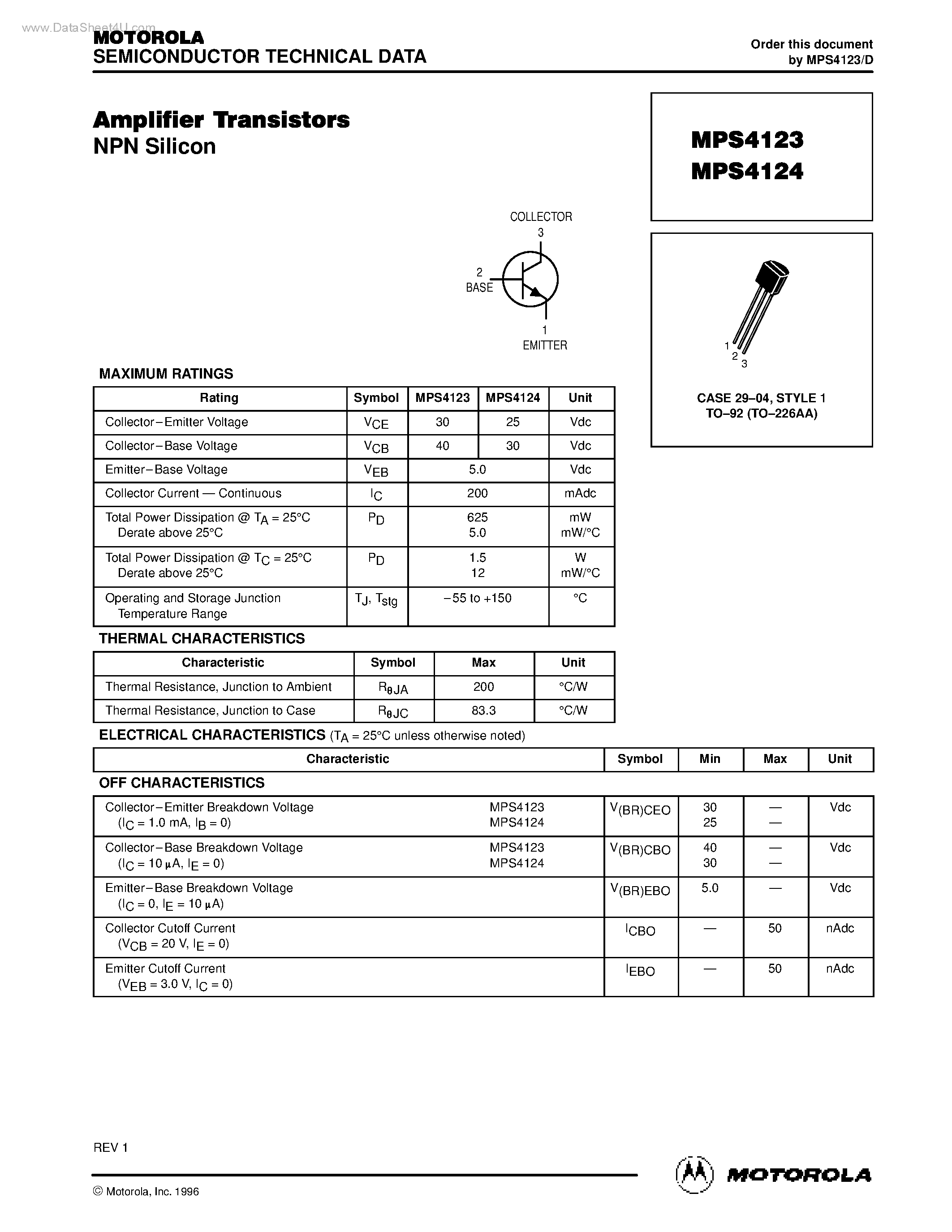 Datasheet MPS4123 page 1 Datasheet MPS4123 - (MPS4123 / MPS4124) Amplifier Transistors page 1