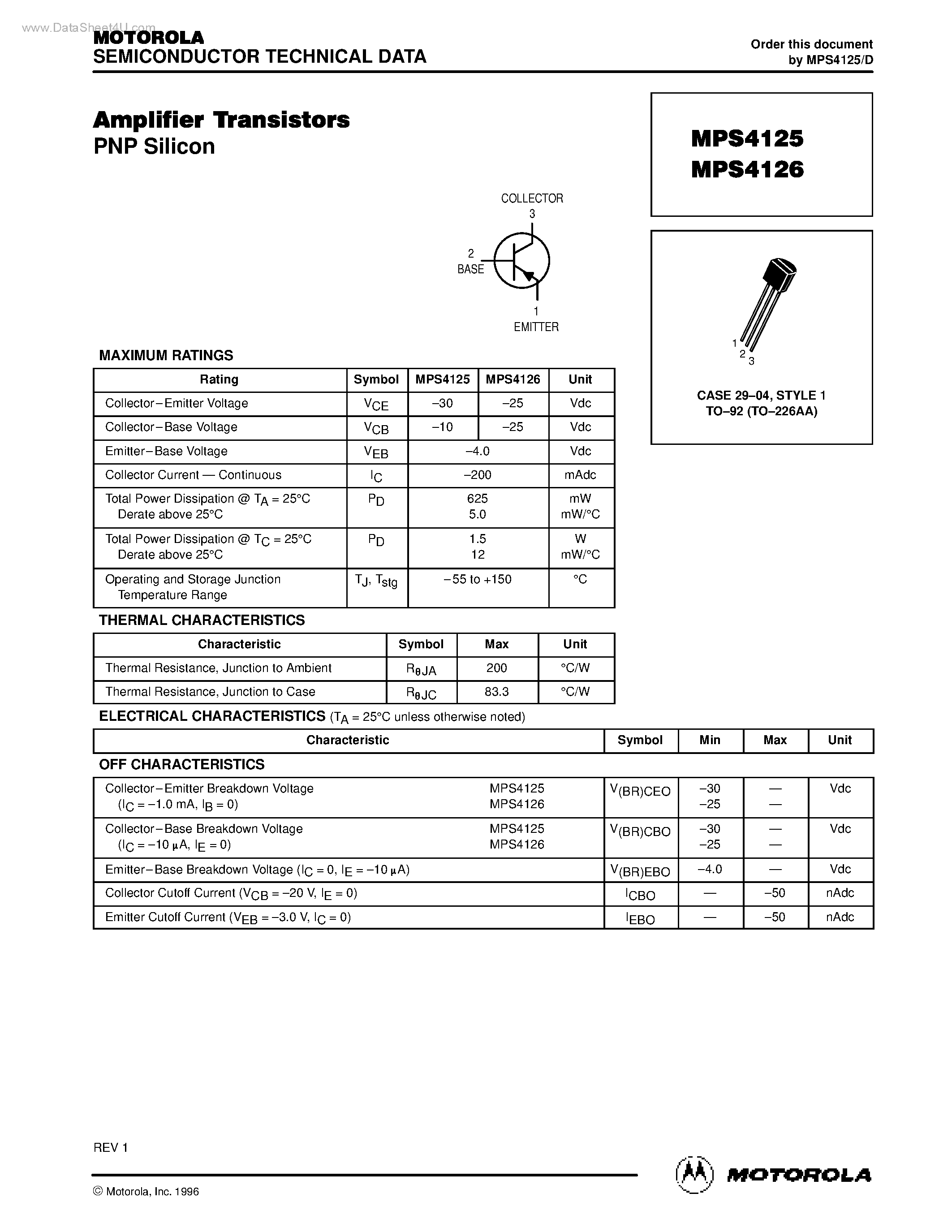 Datasheet MPS4125 page 1 Datasheet MPS4125 - (MPS4125 / MPS4126) Amplifier Transistors page 1