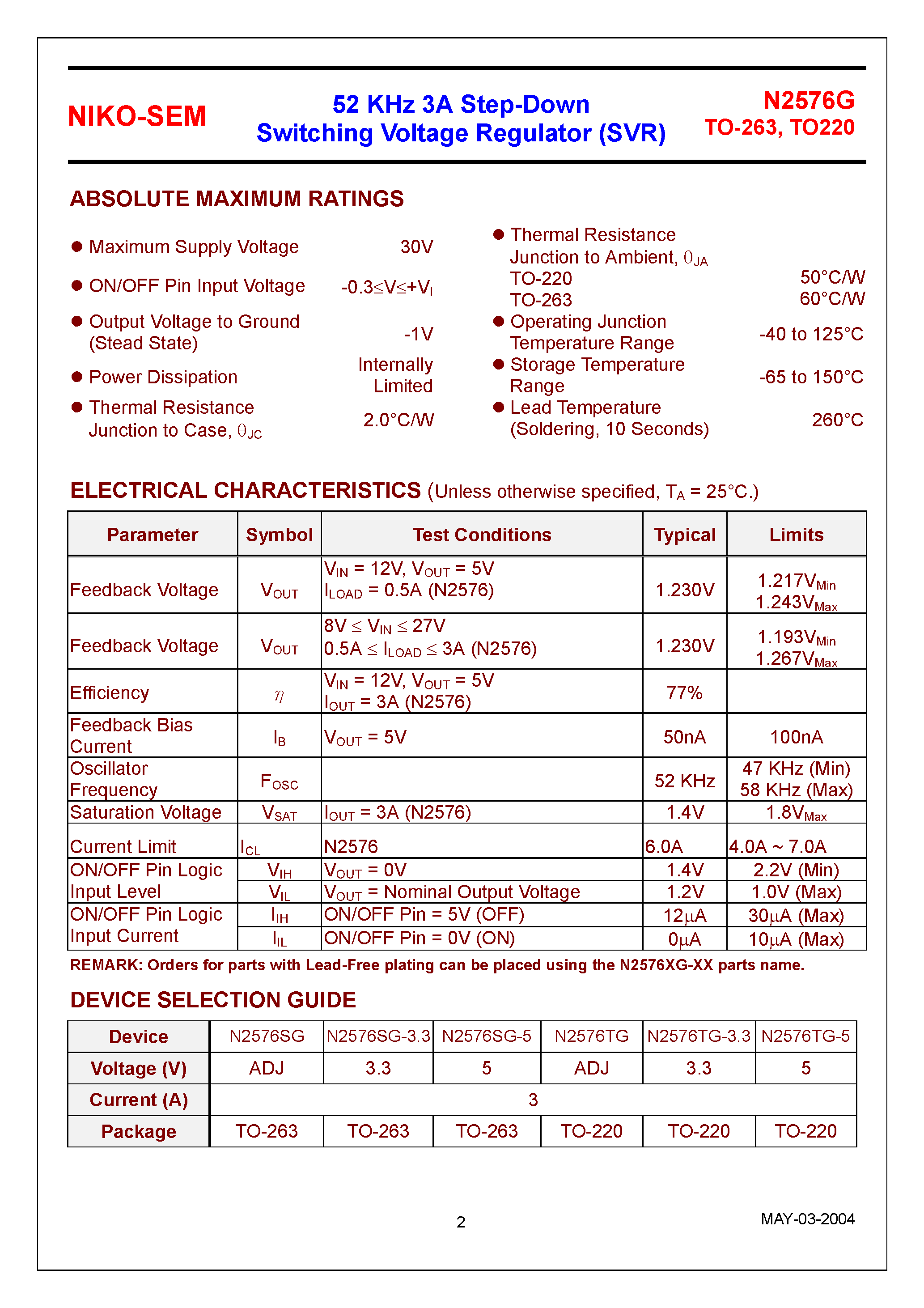 Datasheet N2576G - Step-Down Switching Voltage Regulator page 2