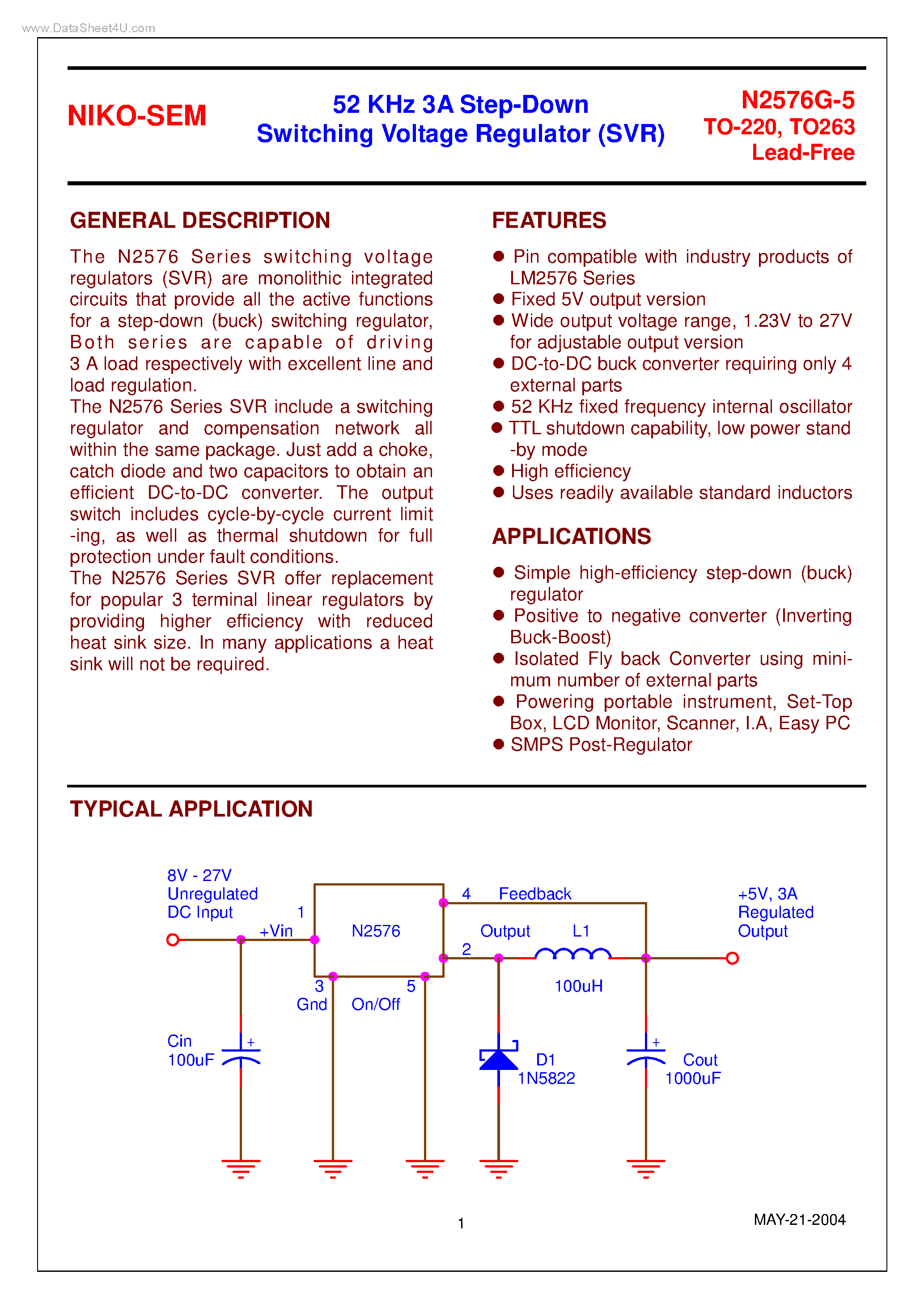 Даташит на микросхему N2576G-5 страница 1 Даташит N2576G-5 - Step-Down Switching Voltage Regulator страница 1