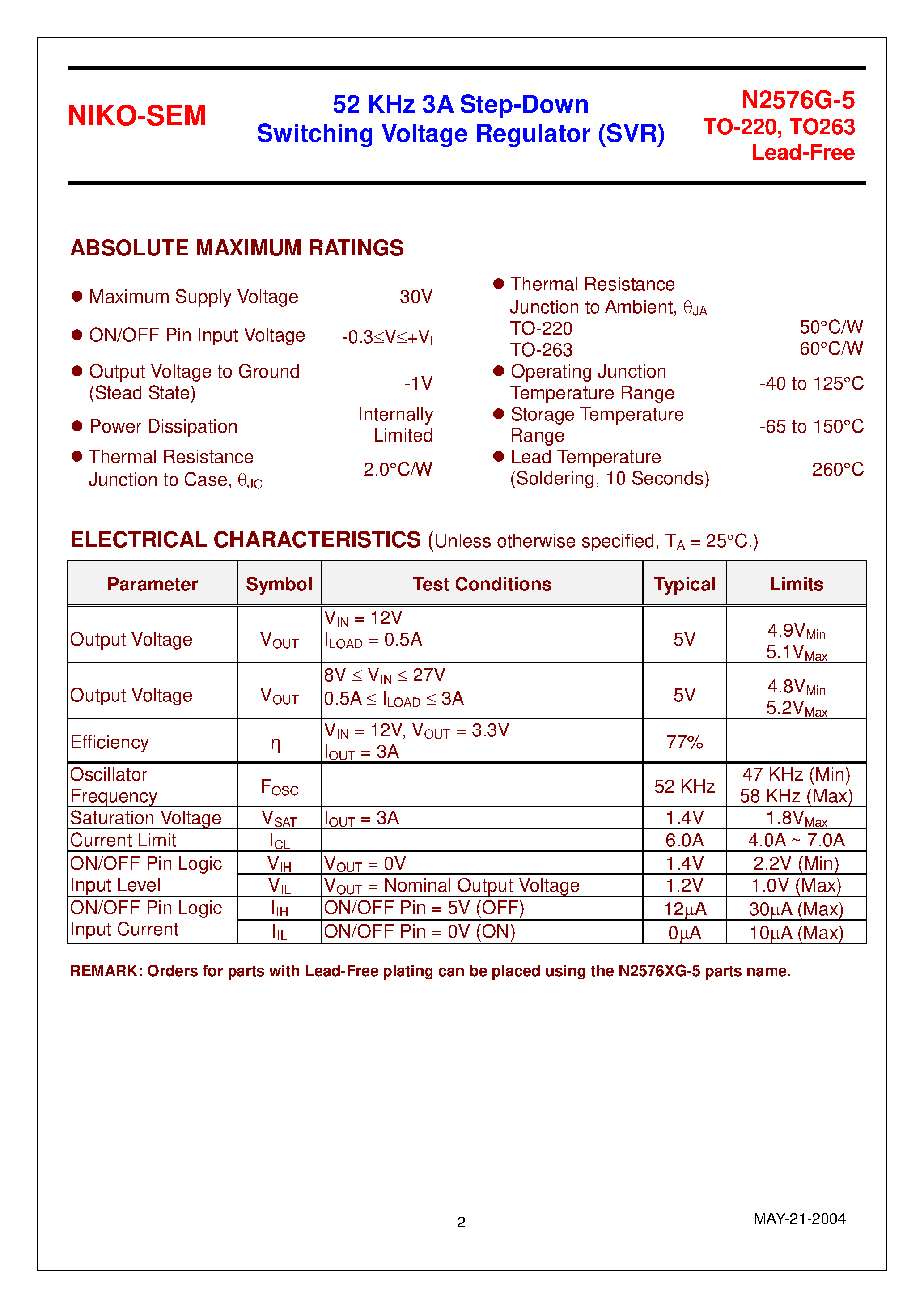 Даташит на микросхему N2576G-5 страница 2 Даташит N2576G-5 - Step-Down Switching Voltage Regulator страница 2
