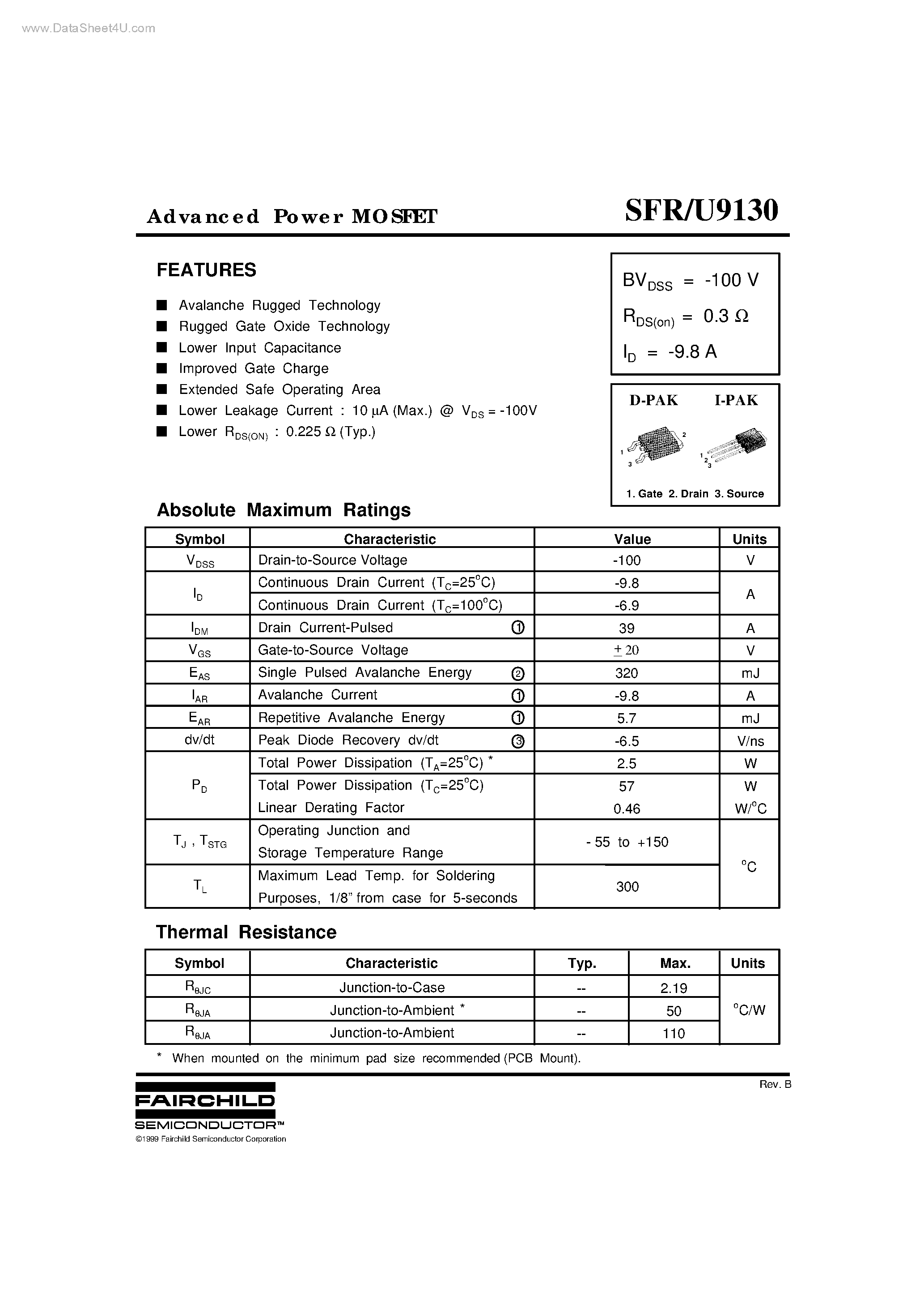 Datasheet SFR9130 - Advanced Power MOSFET page 1