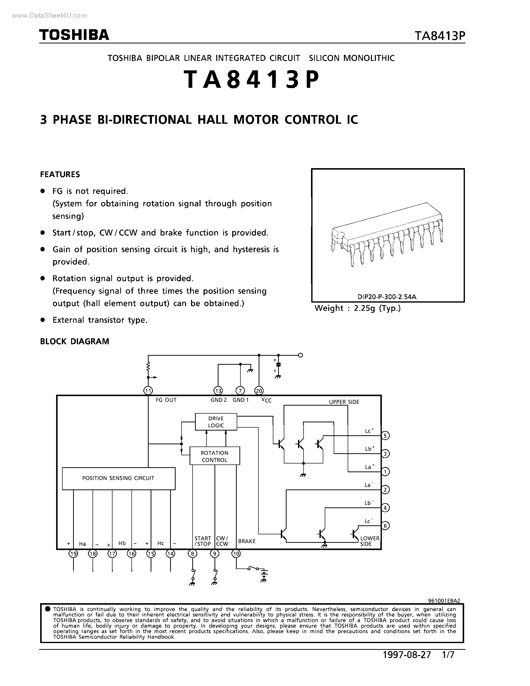 Datasheet TA8413P - 3 PHASE BI-DIRECTIONAL HALL MOTOR CONTROL IC page 1