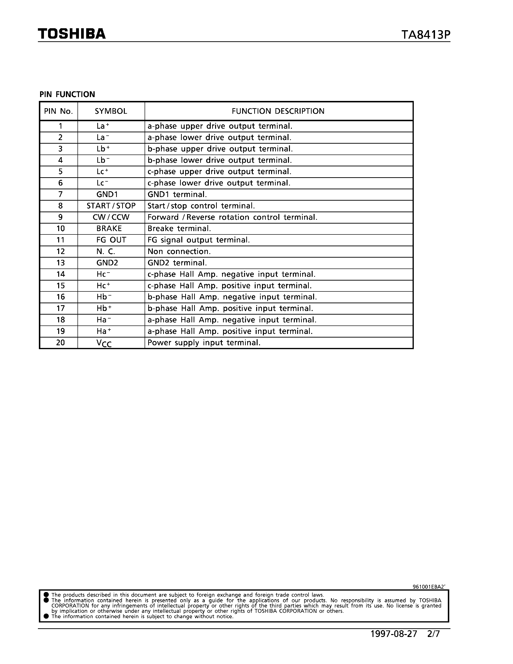 Datasheet TA8413P - 3 PHASE BI-DIRECTIONAL HALL MOTOR CONTROL IC page 2