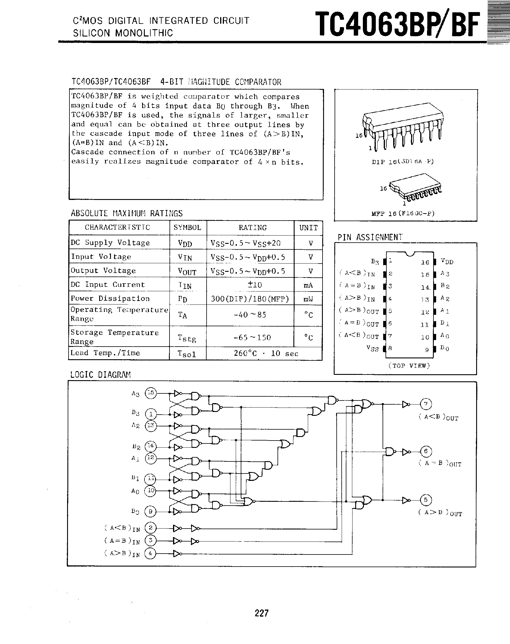 Datasheet TC4063BF page 1 Datasheet TC4063BF - C2MOS DIGITAL INTEGRATED CIRCUIT SILICON MONOLITHIC page 1