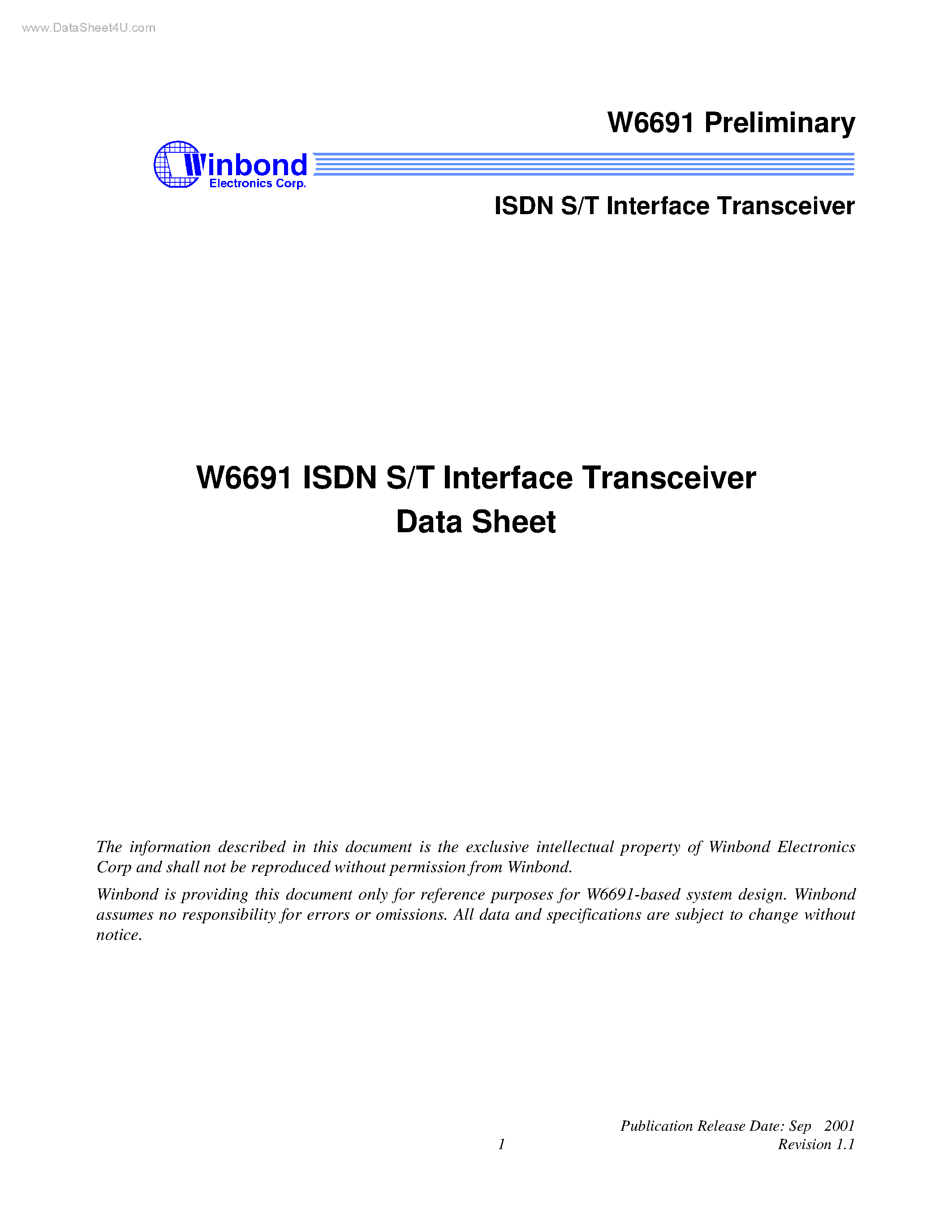 Даташит на микросхему W6691 страница 1 Даташит W6691 - ISDN S/T Interface Transceiver страница 1