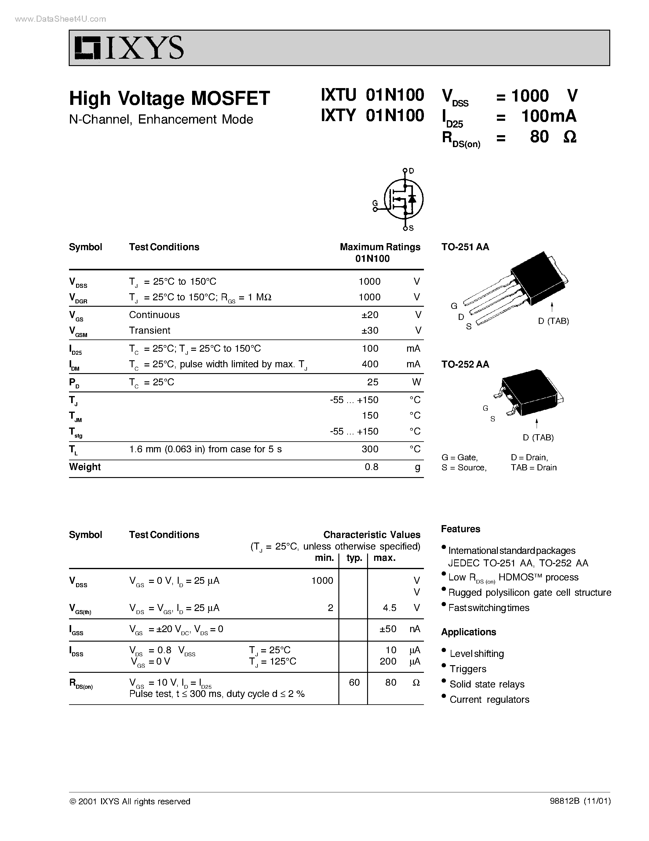 Datasheet IXTU01N100 - High Voltage MOSFET N-Channel page 1