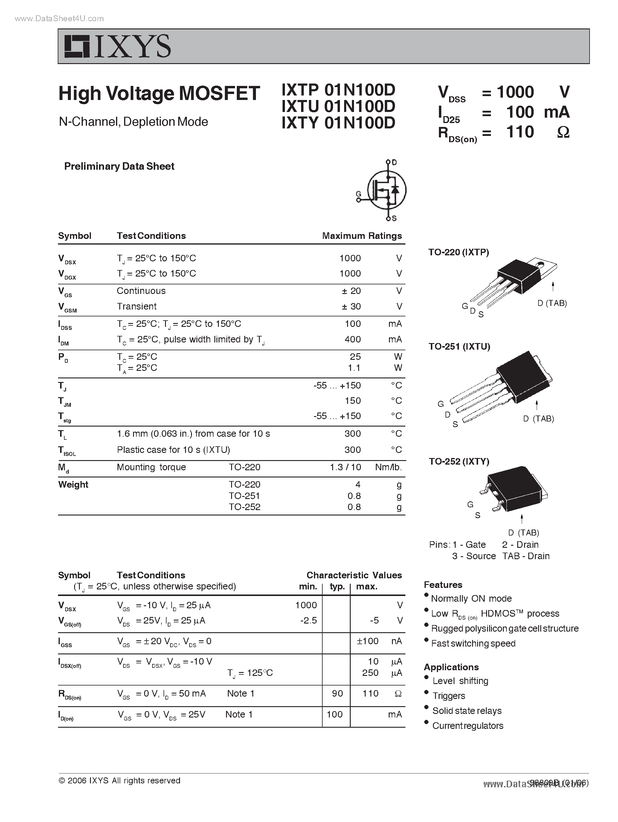 Datasheet IXTP01N100D - (IXTx01N100D) N-channel Depletion Mode MOSFETs page 1