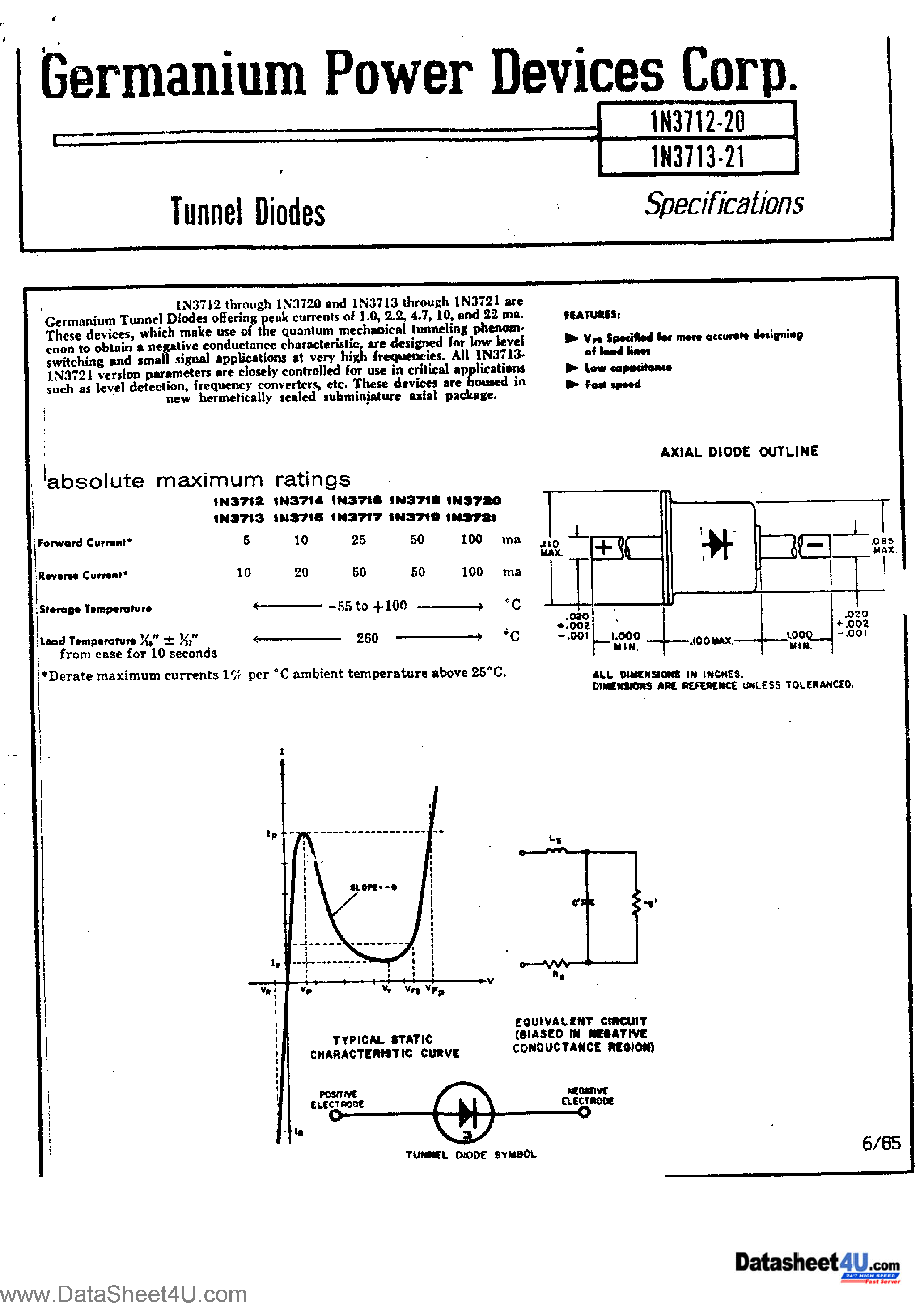 Datasheet 1N3712-20 page 1 Datasheet 1N3712-20 - (1N3712-20 / 1N3712-21) Tunnel Diodes page 1