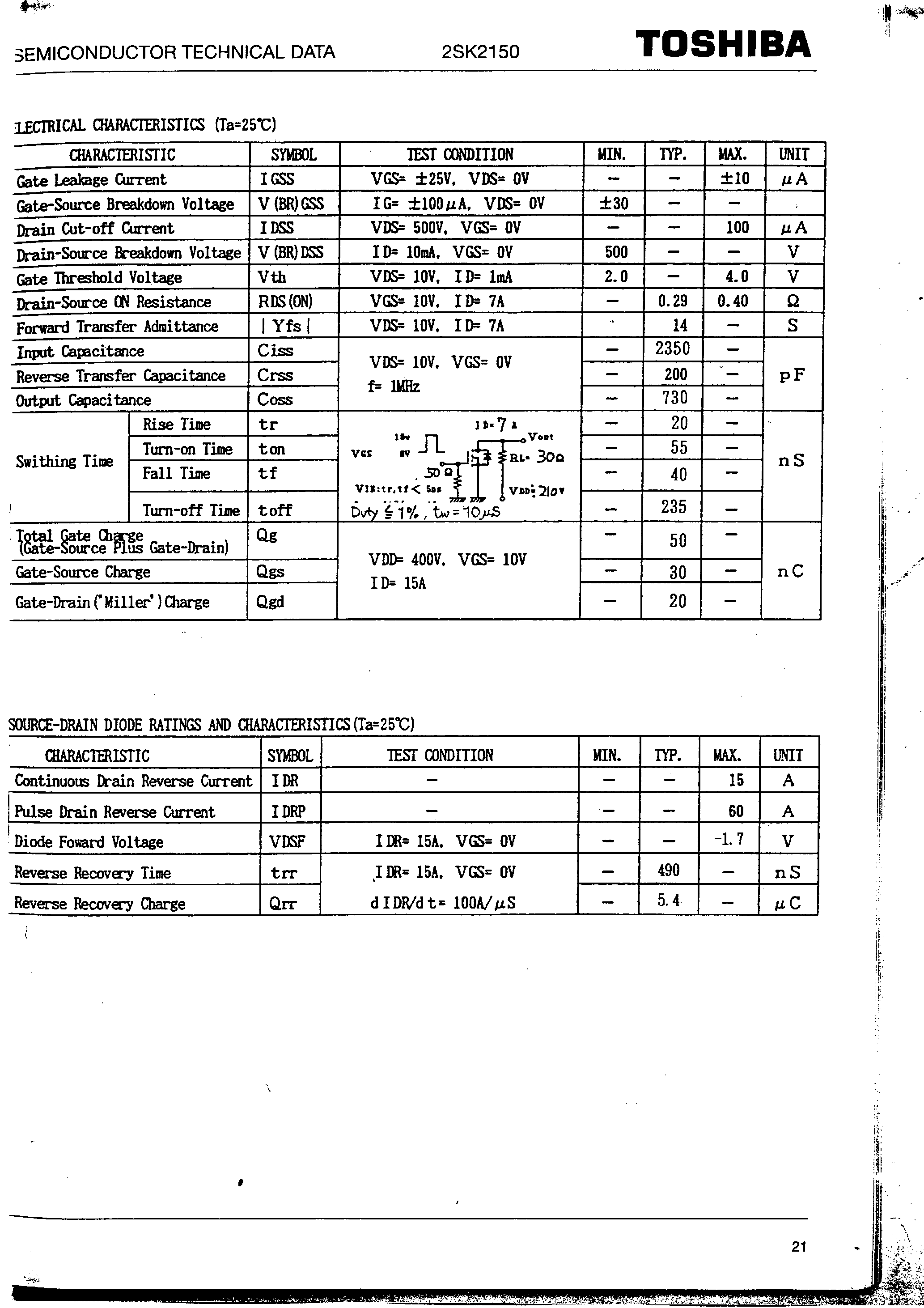 Даташит 2SK2150 - SILICON N CHANNEL MOS TYPE страница 2