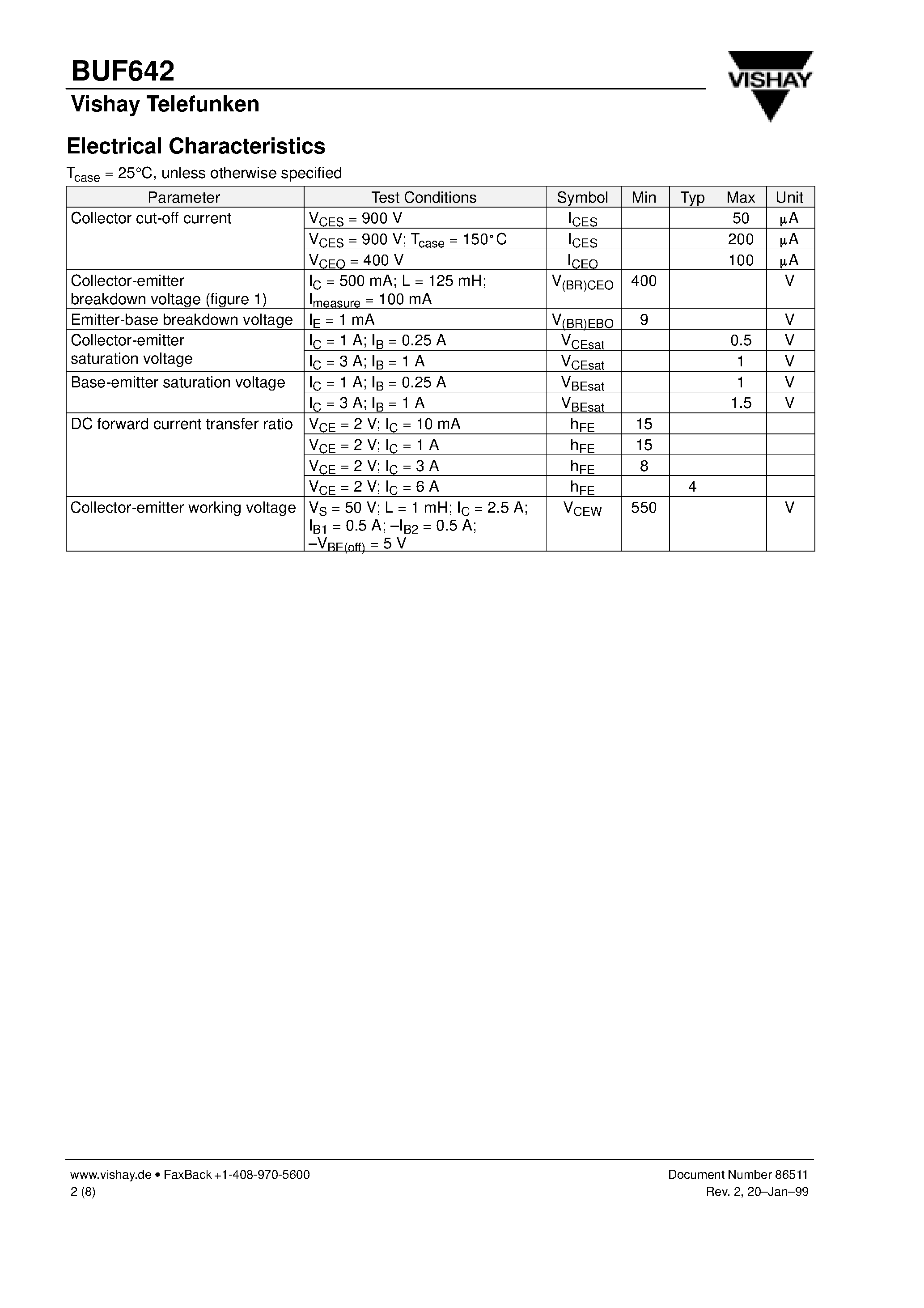 Даташит BUF642 - Silicon NPN High Voltage Switching Transistor страница 2