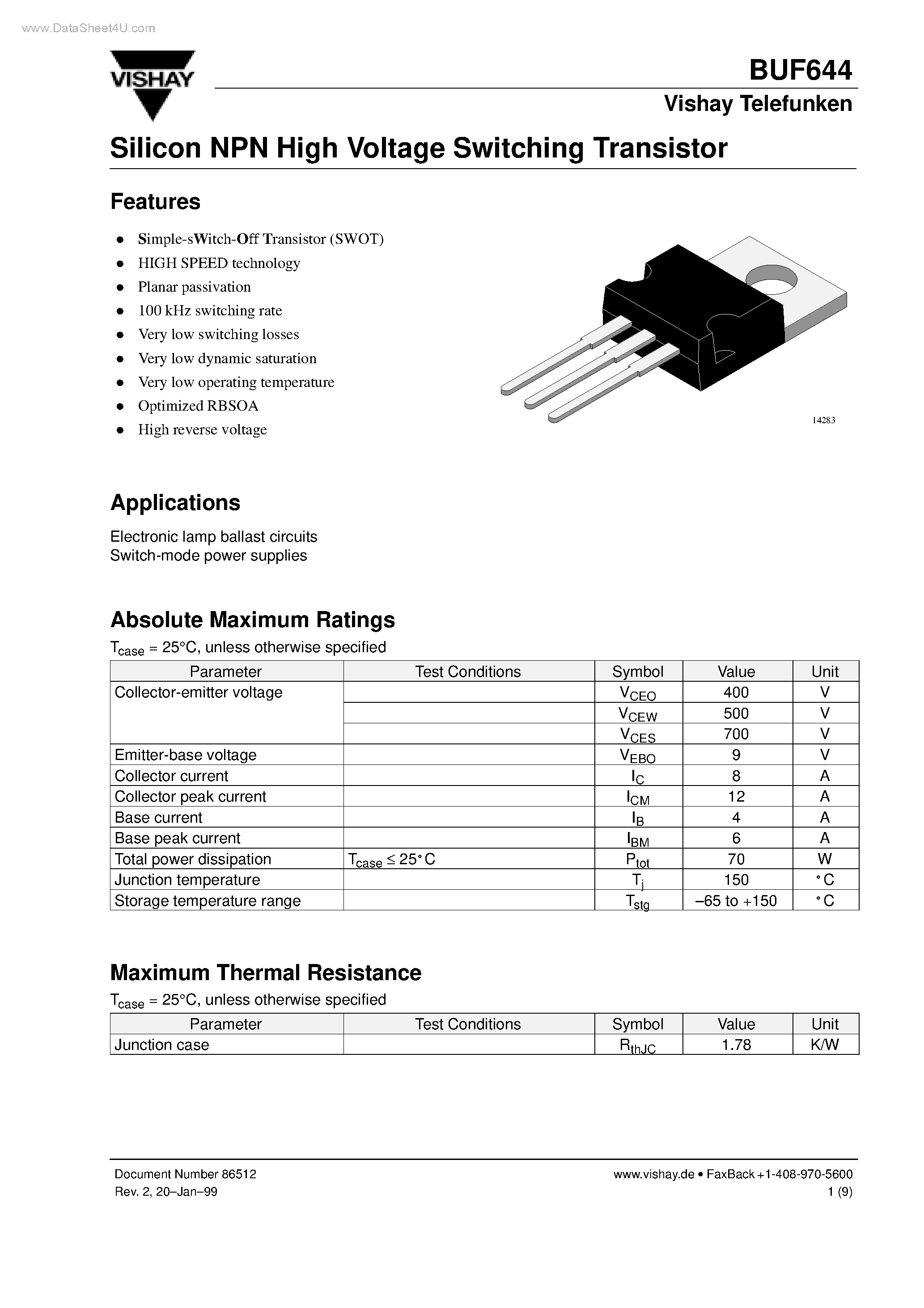 Даташит BUF644 - Silicon NPN High Voltage Switching Transistor страница 1