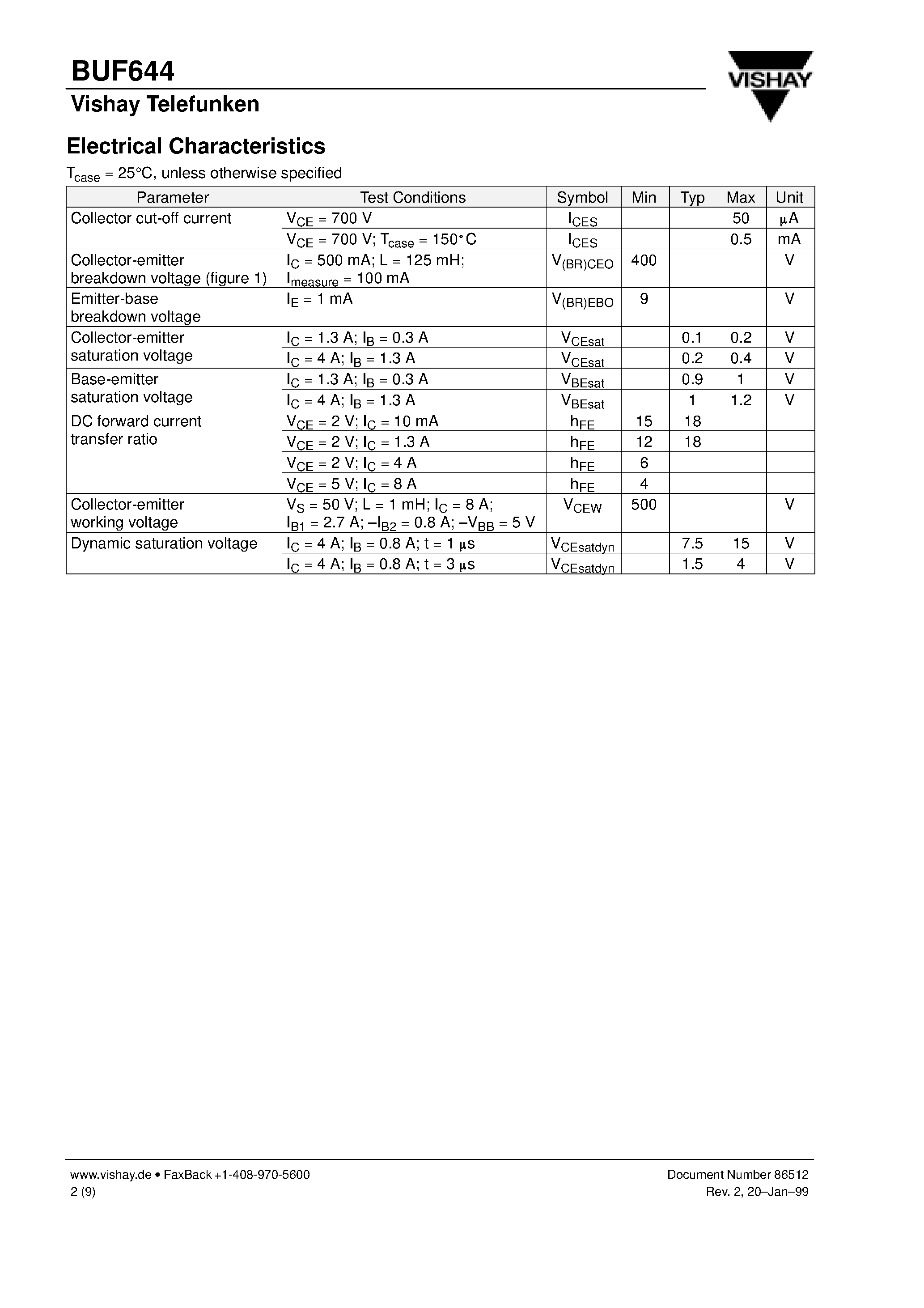 Даташит BUF644 - Silicon NPN High Voltage Switching Transistor страница 2