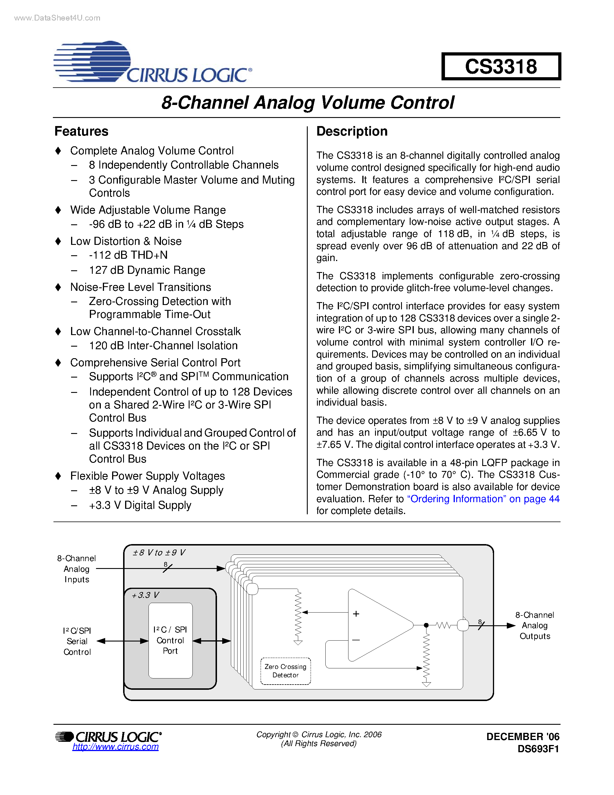 Даташит на микросхему CS3318 страница 1 Даташит CS3318 - 8-Channel Analog Volume Control страница 1