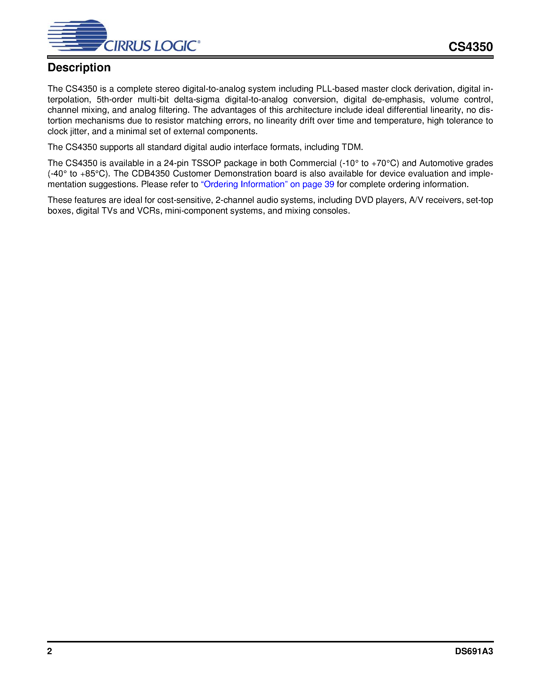 Даташит CS4350 - 192 kHz Stereo DAC страница 2