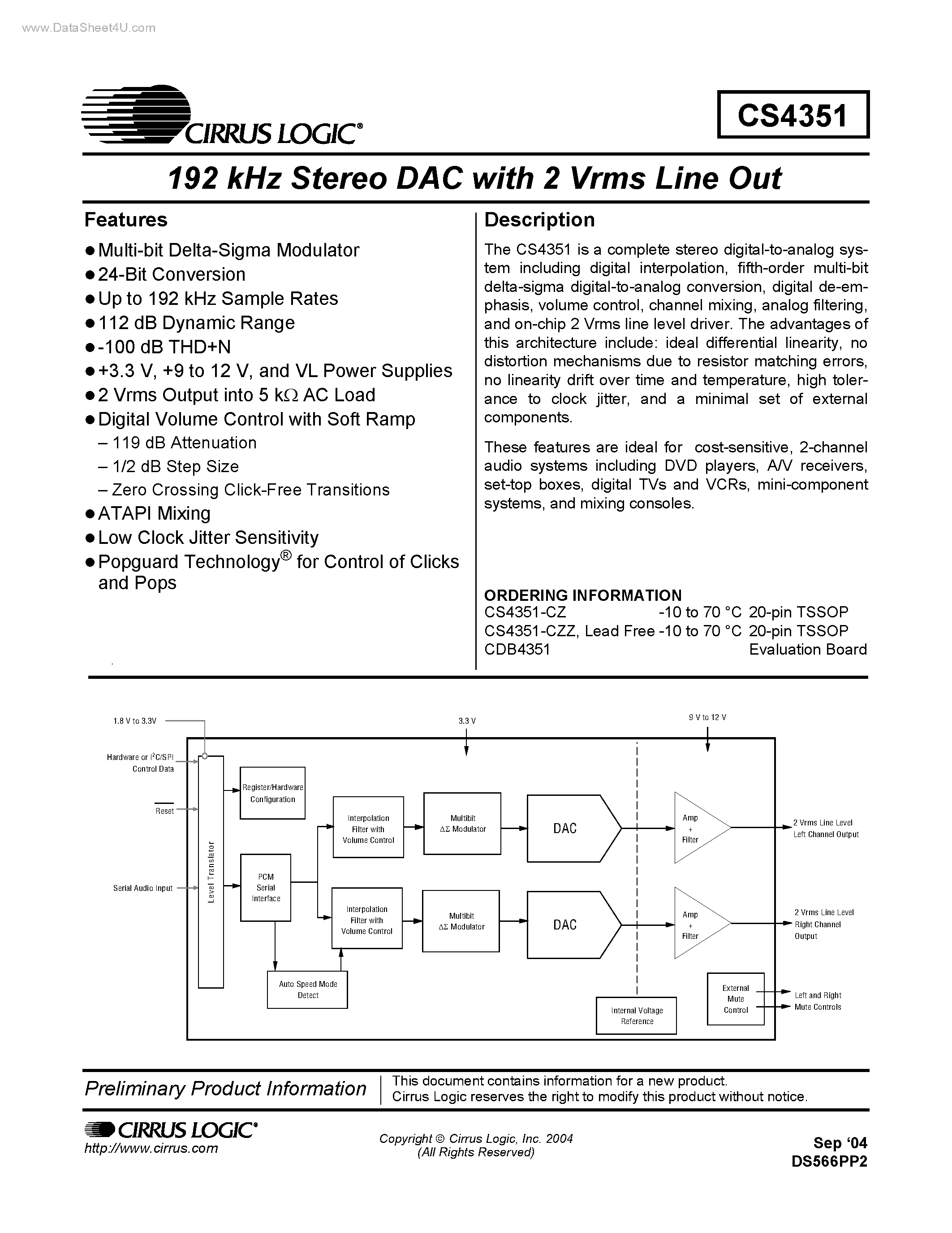 Даташит на микросхему CS4351 страница 1 Даташит CS4351 - 192 kHz Stereo DAC страница 1