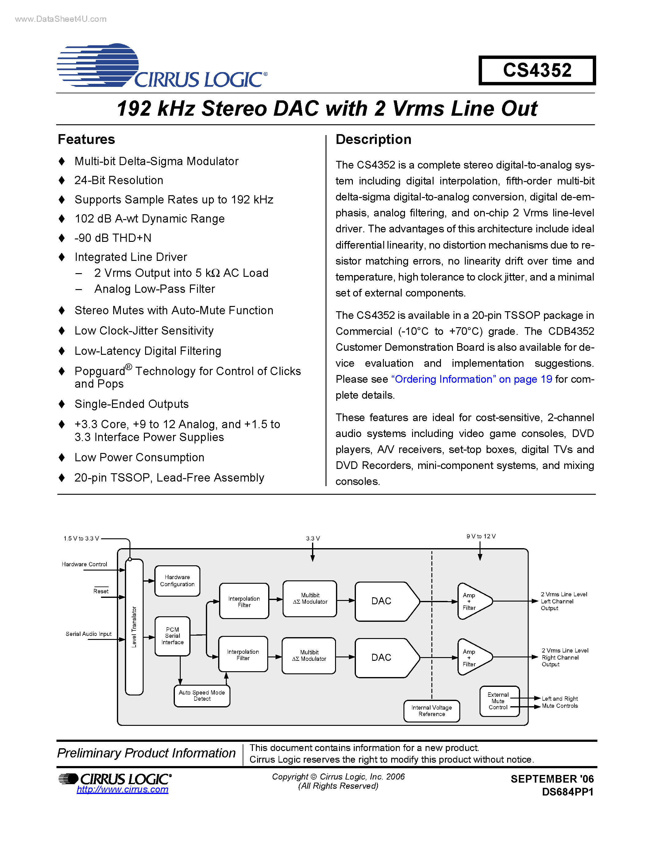 Datasheet CS4352 - 192 kHz Stereo DAC page 1