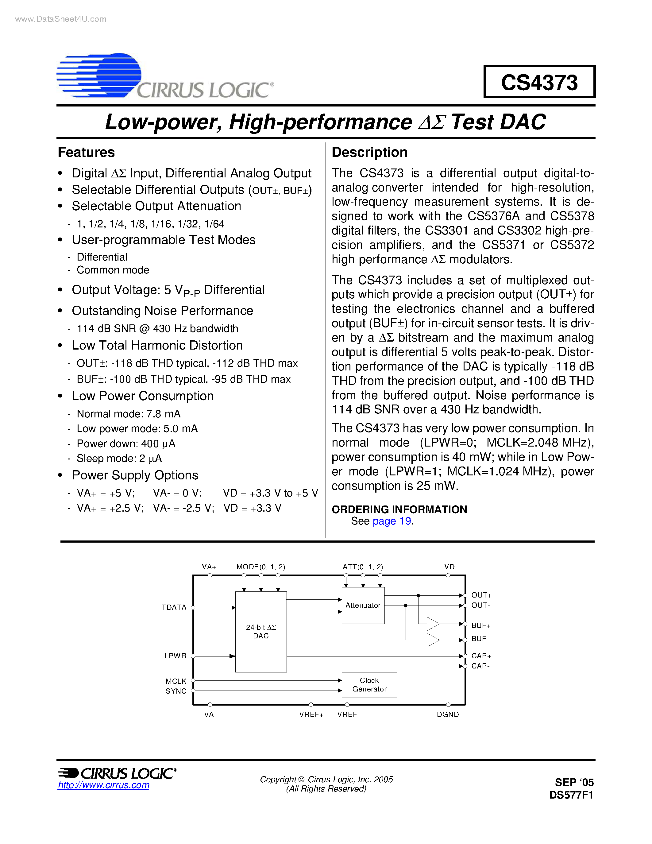Datasheet CS4373 - High-performance Delta-Sigma Test DAC page 1