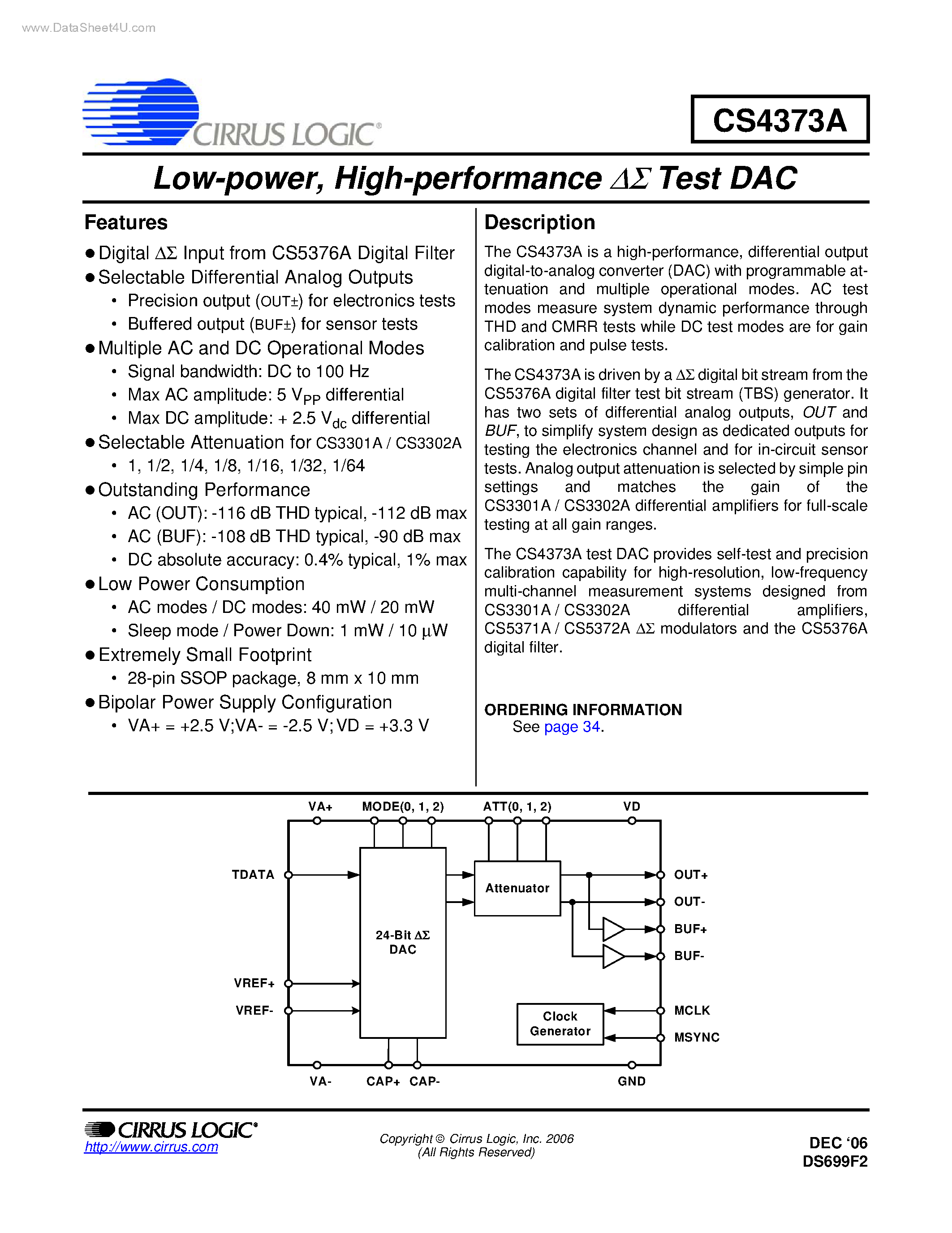 Datasheet CS4373A - High-performance Test DAC page 1