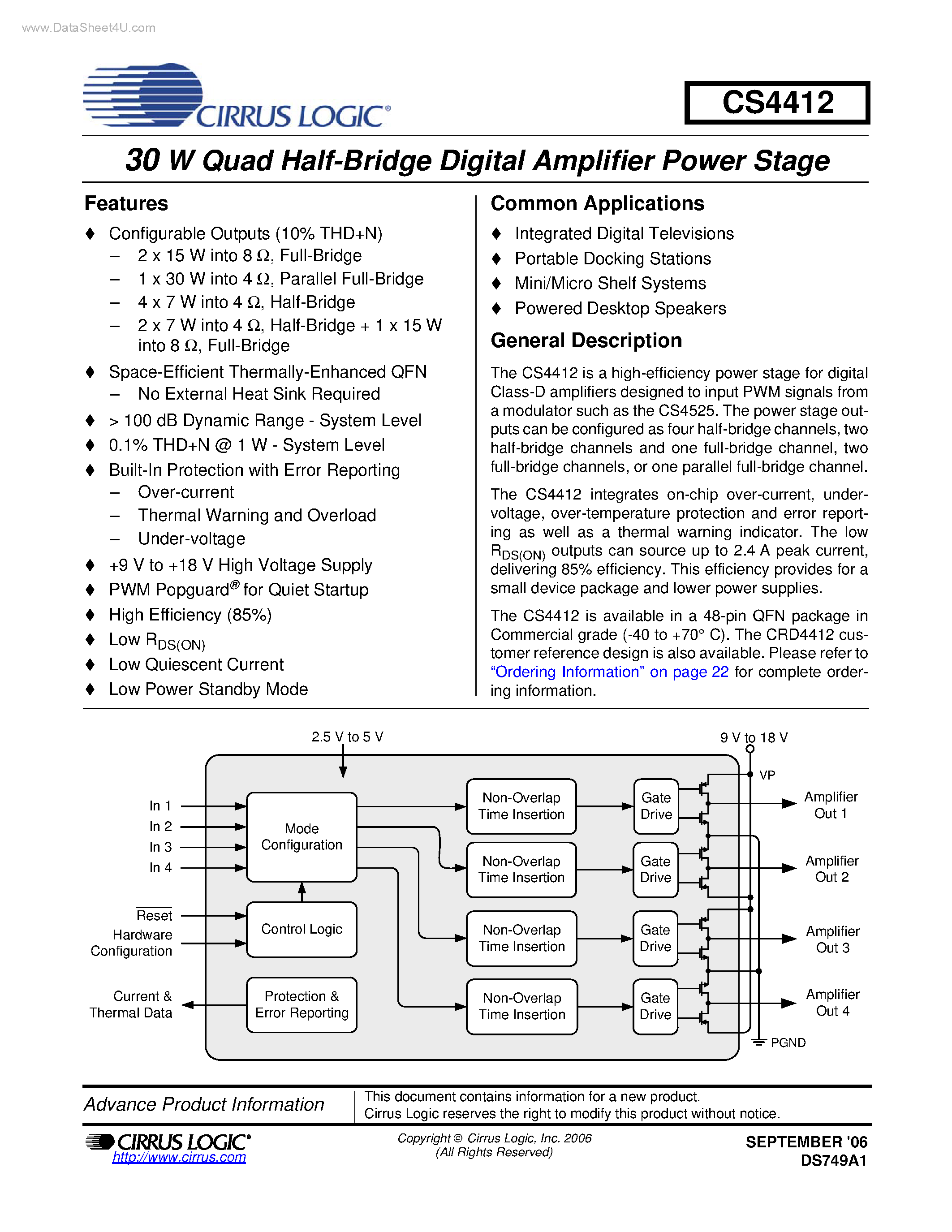 Даташит на микросхему CS4412 страница 1 Даташит CS4412 - 30 W Quad Half-Bridge Digital Amplifier Power Stage страница 1