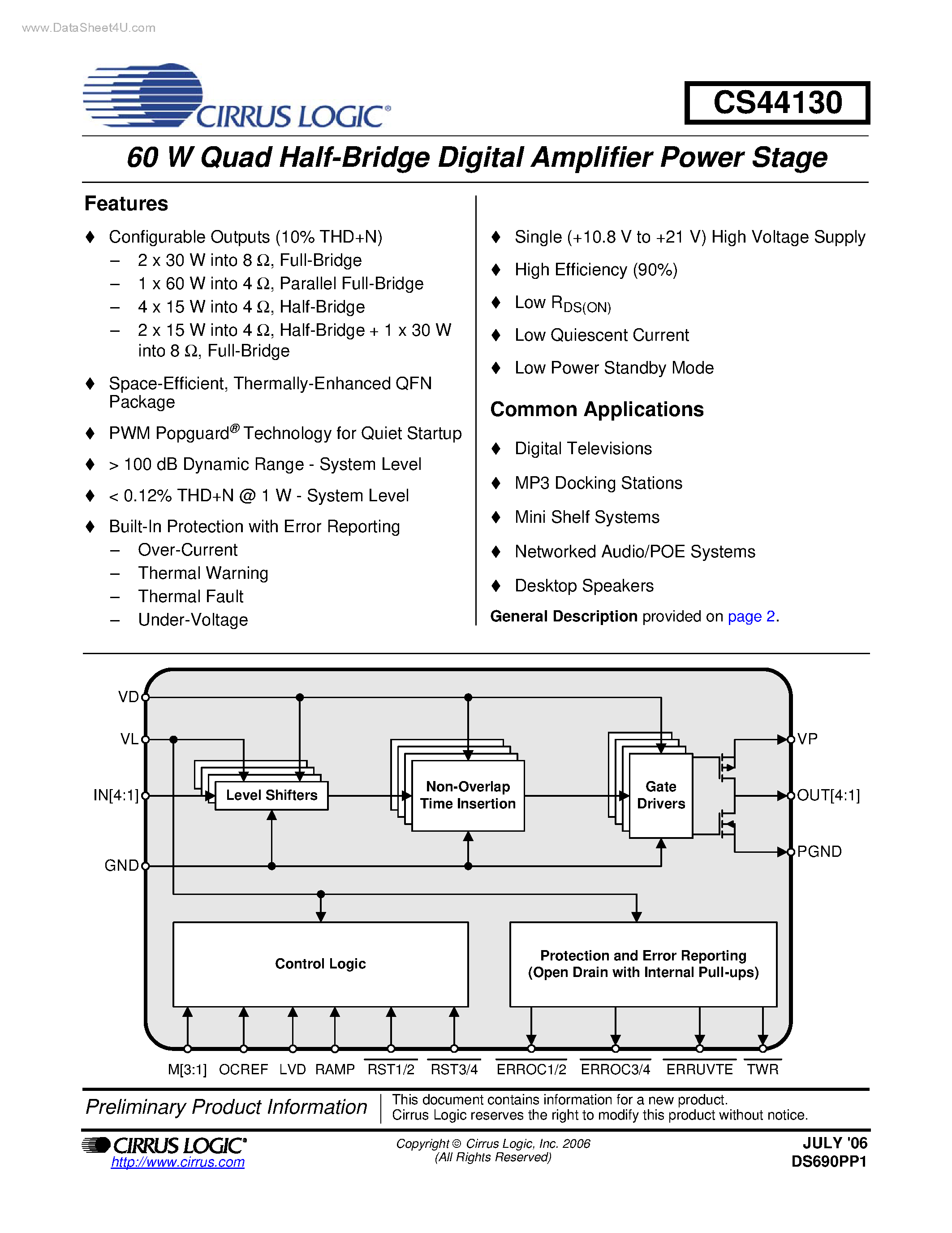Datasheet CS44130 - 60 W Quad Half-Bridge Digital Amplifier Power Stage page 1