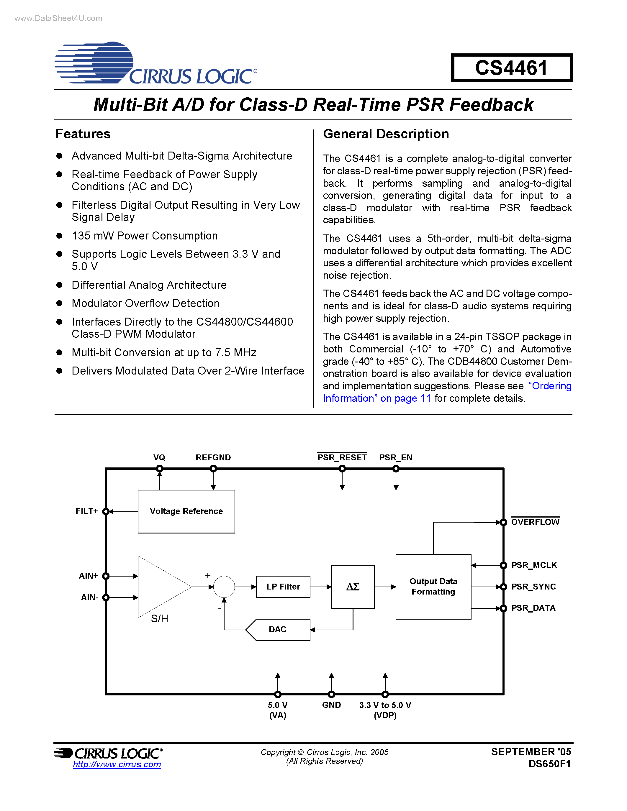 Даташит на микросхему CS4461 страница 1 Даташит CS4461 - Multi-Bit A/D страница 1