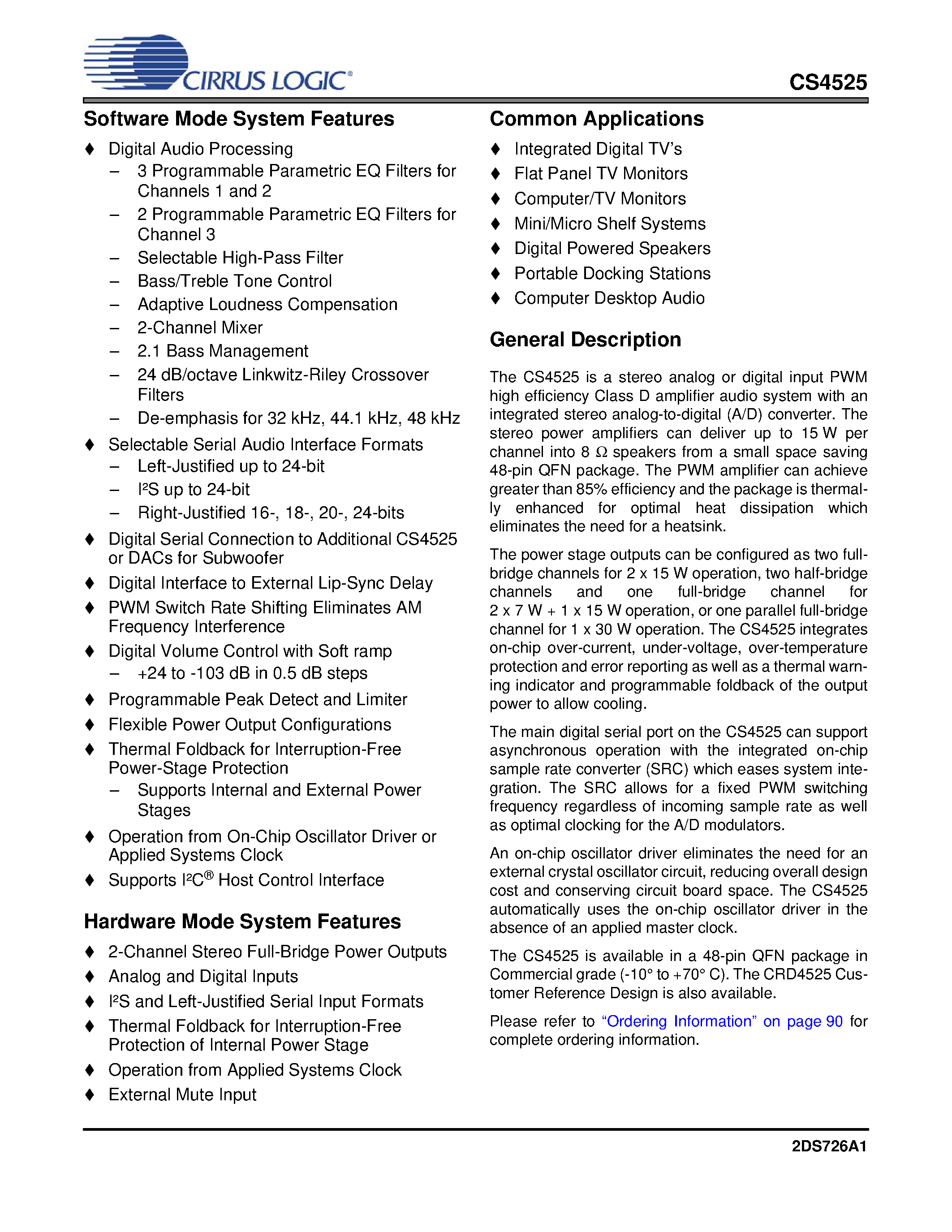 Datasheet CS4525 page 2 Datasheet CS4525 - 30 W Digital TV Amplifier page 2