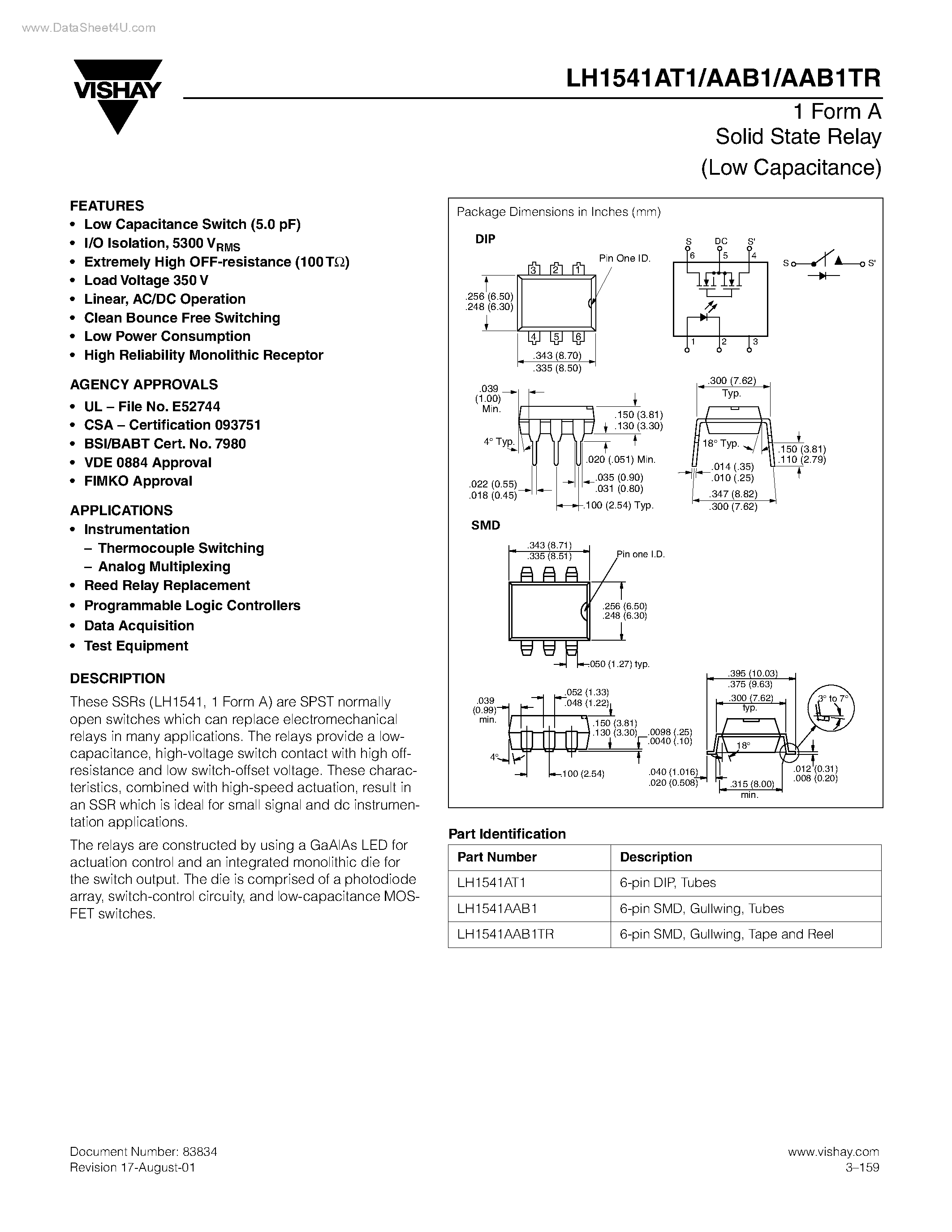 Datasheet LH1541AAB1TR page 1 Datasheet LH1541AAB1TR - 1 Form A Solid State Relay page 1