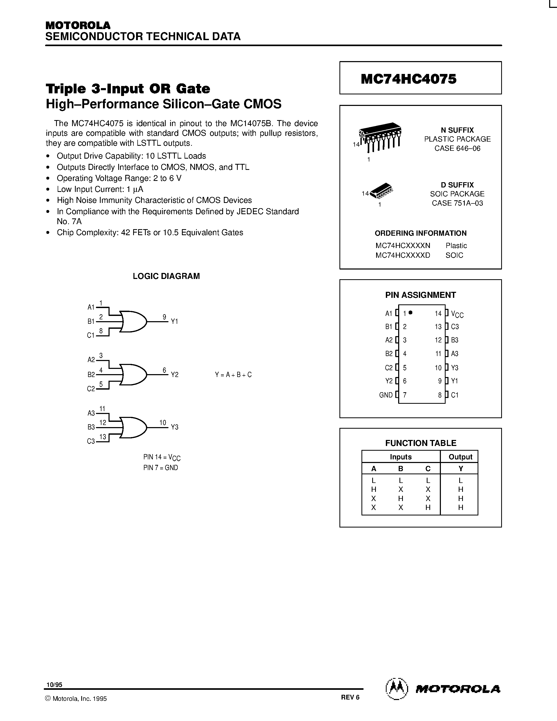 Даташит MC74HC4075 - TRIPLE 3- INPUT OR GATE HIGH-PERFORMANCE SILICON-GATE CMOS страница 1