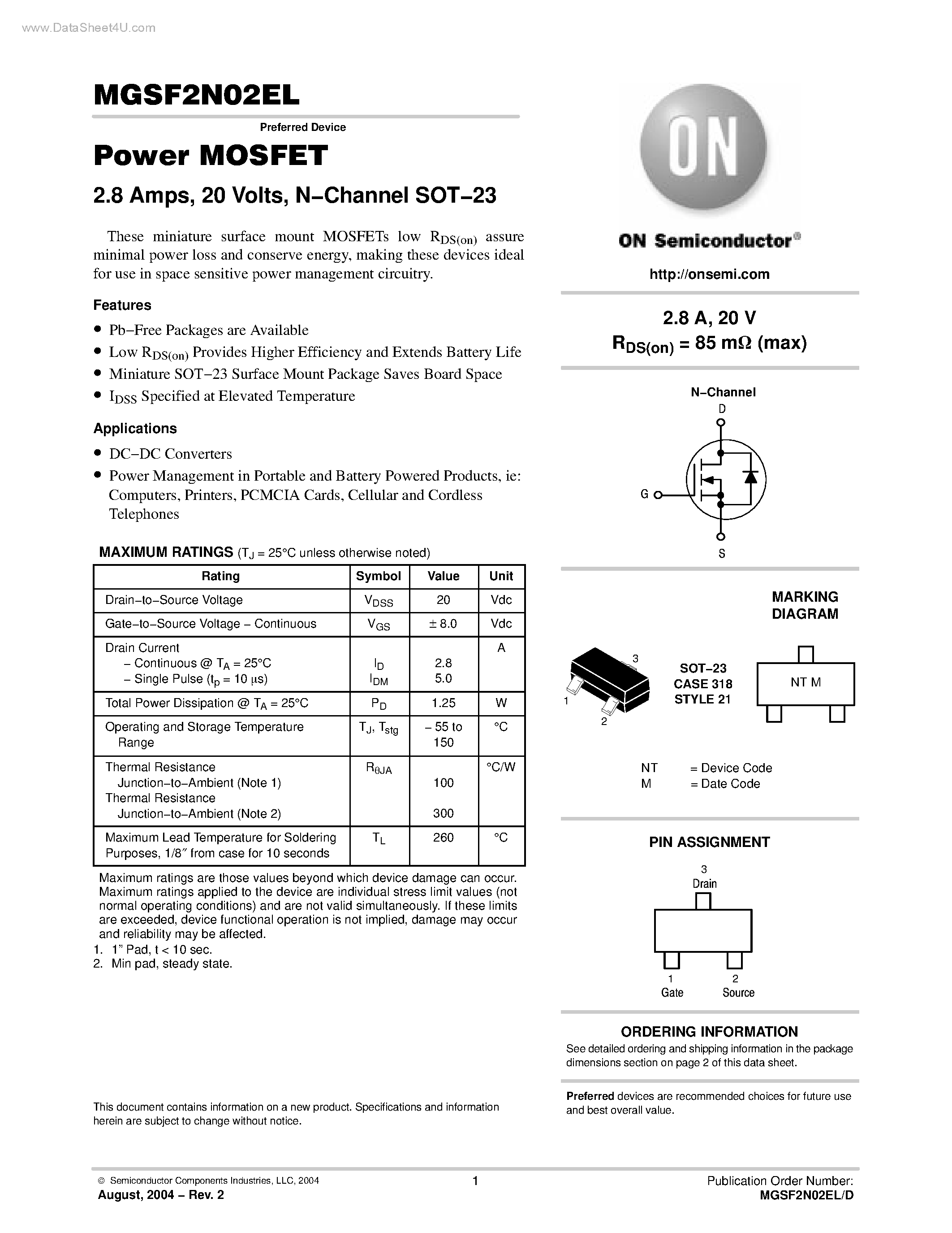 Datasheet MGSF2N02EL - N-Channel SOT-23 page 1