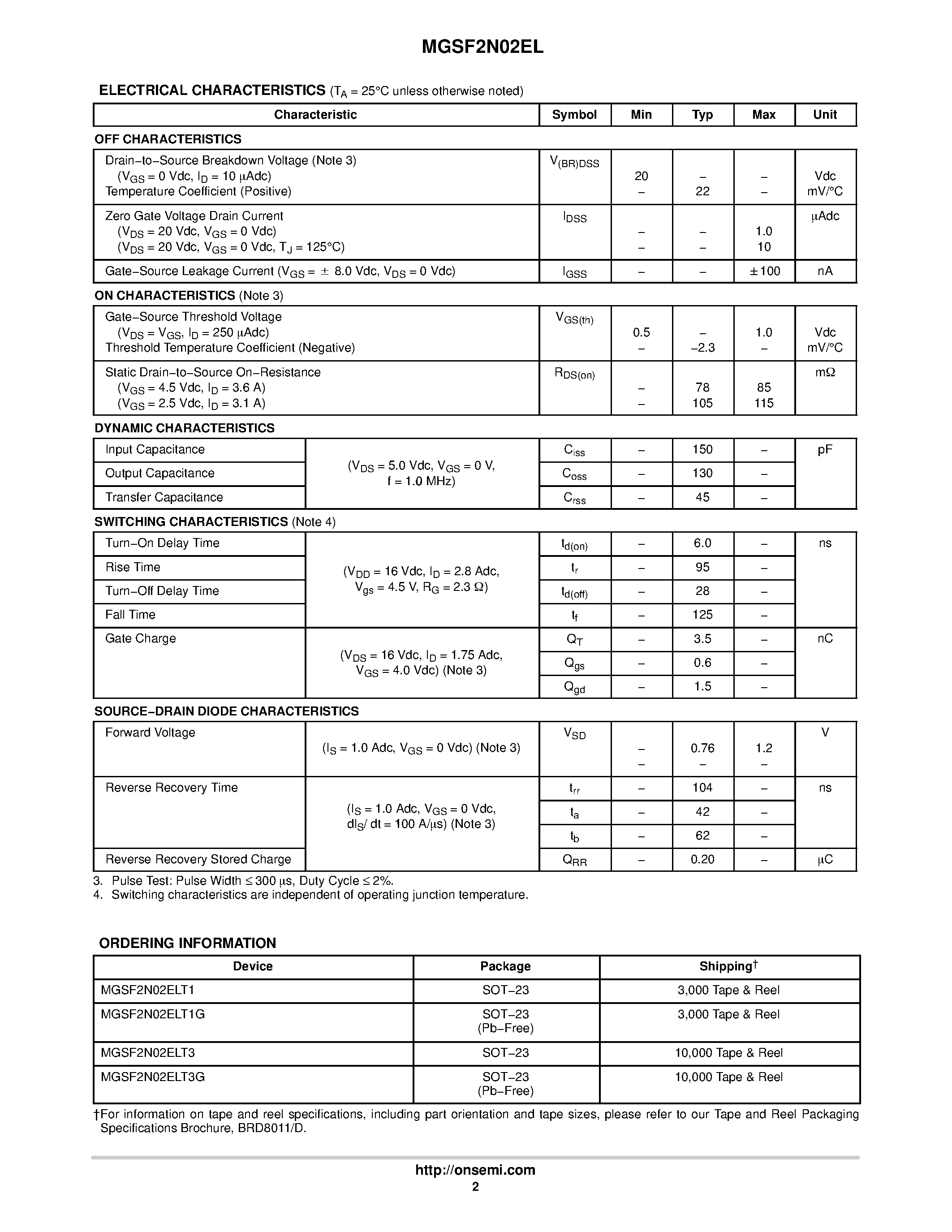 Datasheet MGSF2N02EL - N-Channel SOT-23 page 2