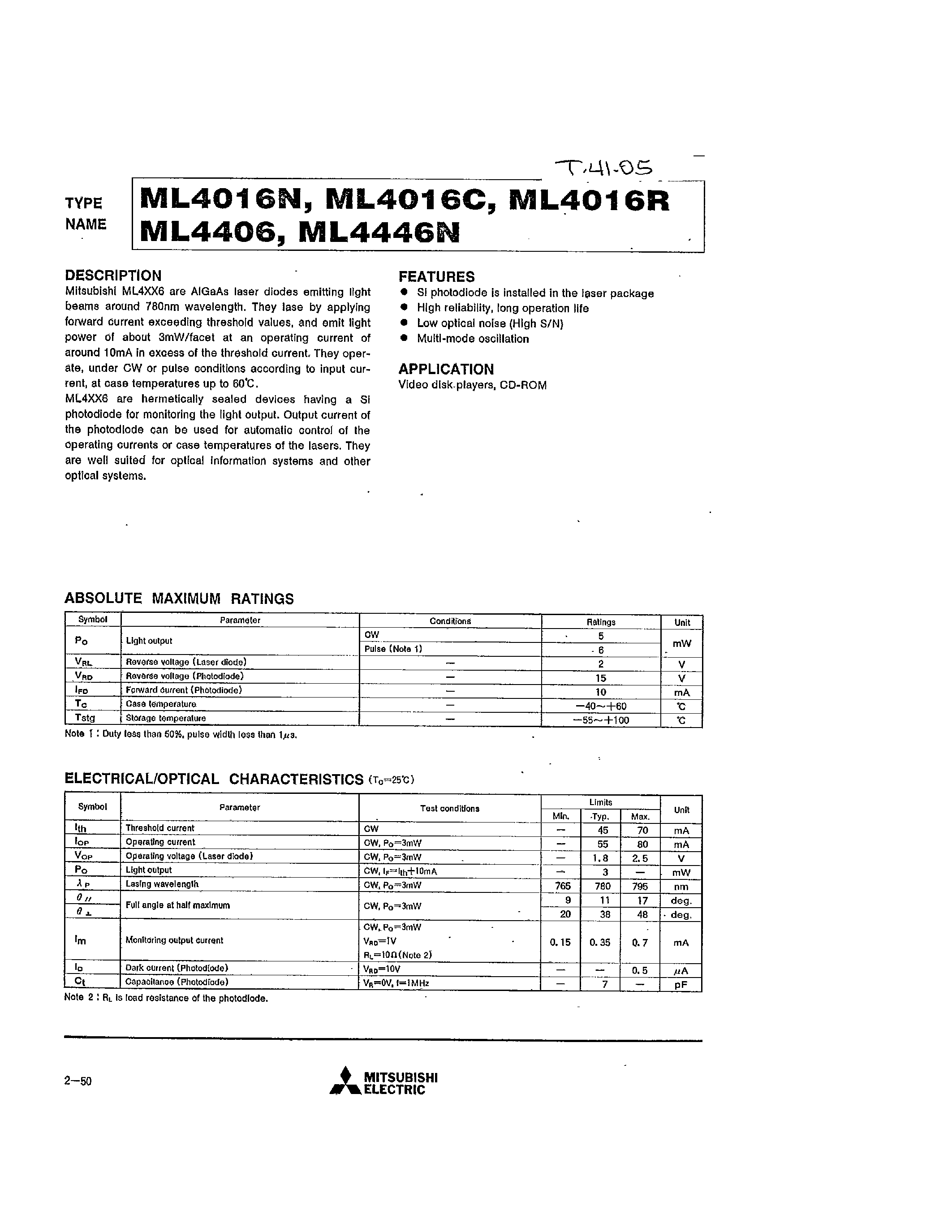 Даташит на микросхему ML4016 страница 1 Даташит ML4016 - (ML4xx6) MITSUCISHI LASER DIODES страница 1