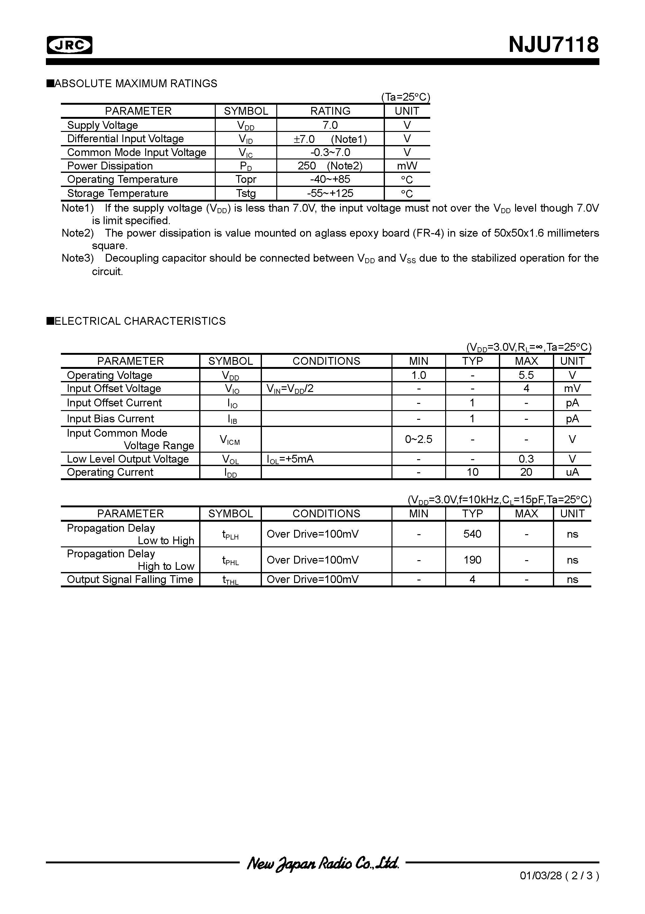 Datasheet NJU7118 page 2 Datasheet NJU7118 - LOW POWER AND LOW OFFSET VOLTAGE SUPER SMALL-SIZED SINGLE C-MOS COMPALATOR page 2
