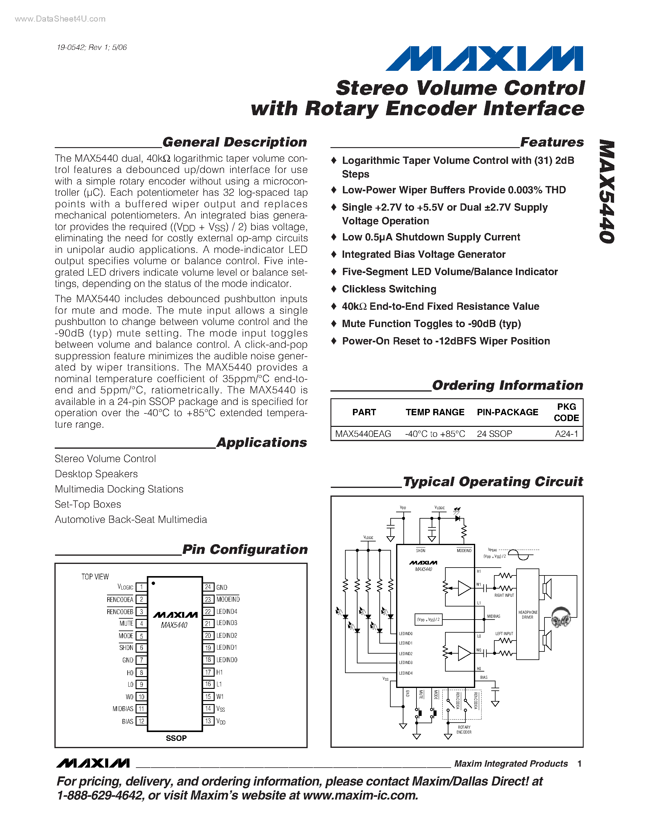 Даташит MAX5440 - Stereo Volume Control страница 1