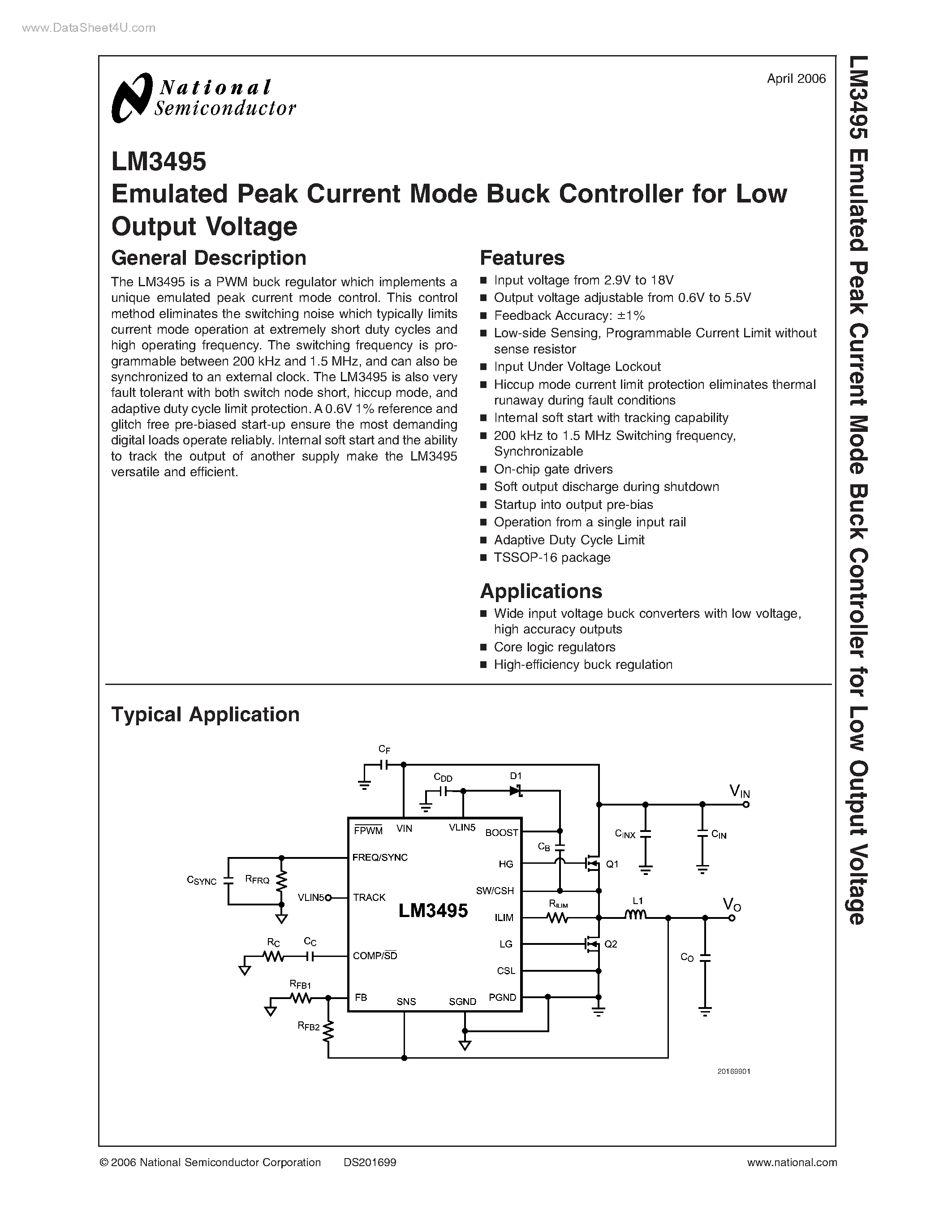 Datasheet LM3495 - Emulated Peak Current Mode Buck Controller page 1