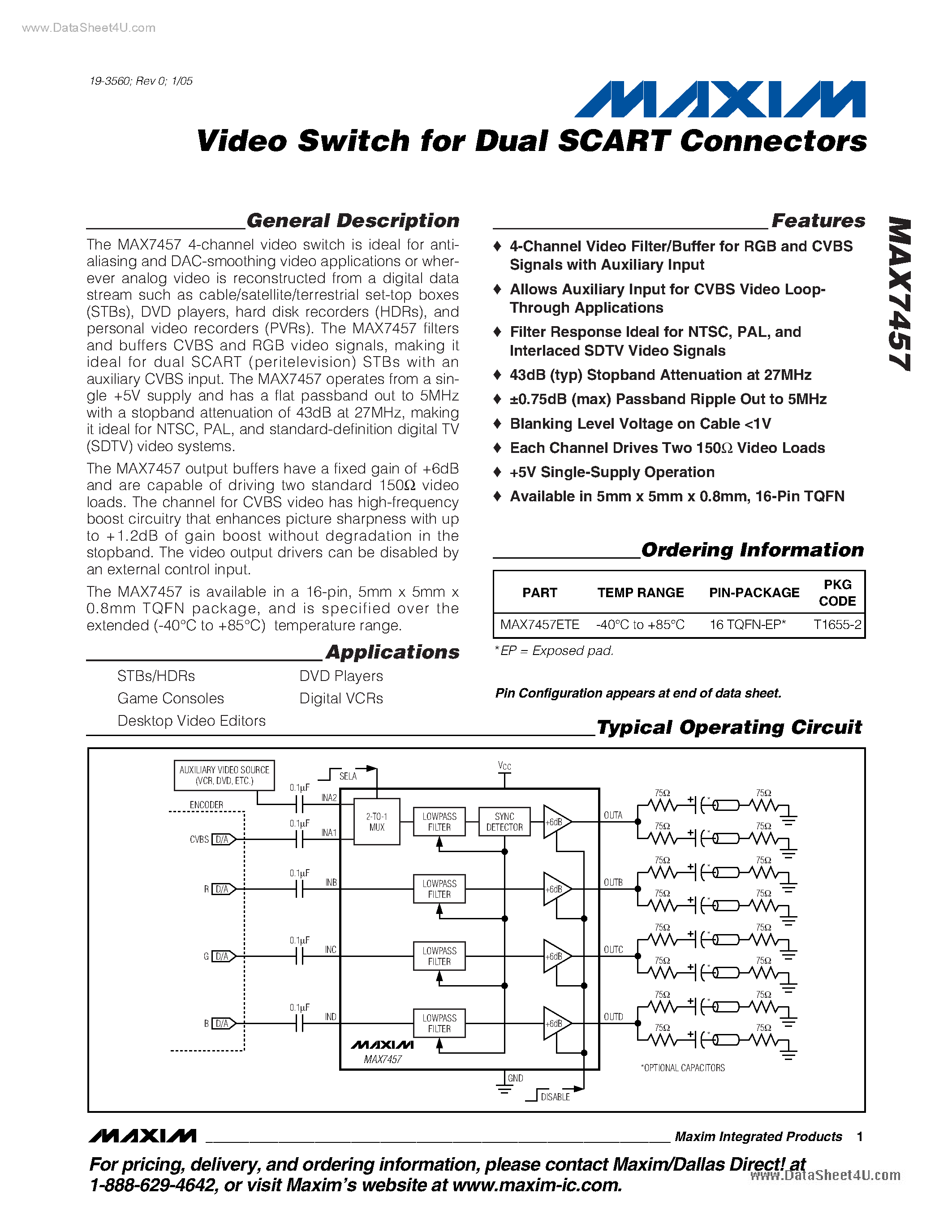 Datasheet MAX7457 page 1 Datasheet MAX7457 - Video Switch page 1
