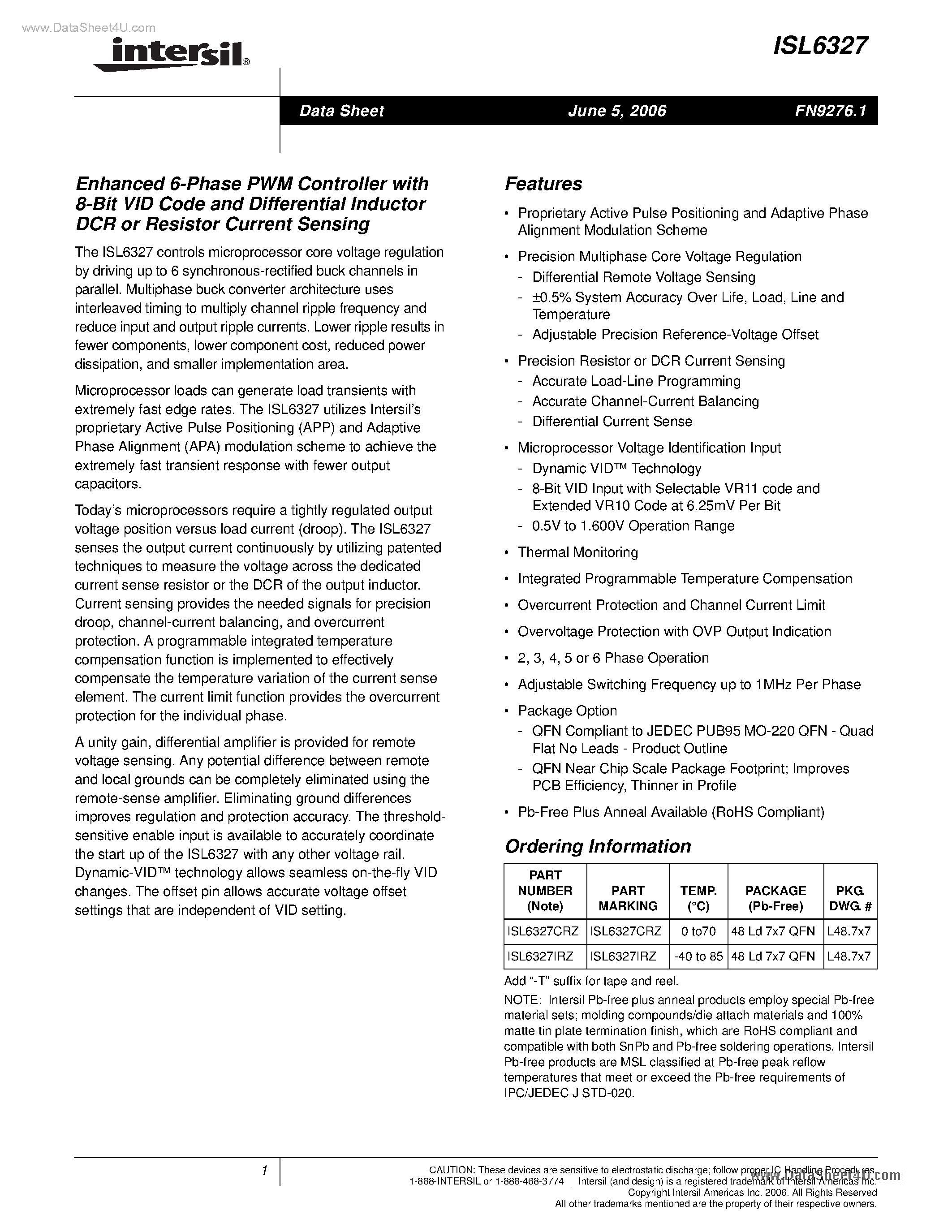 Datasheet ISL6327 - Enhanced 6-Phase PWM Controller page 1