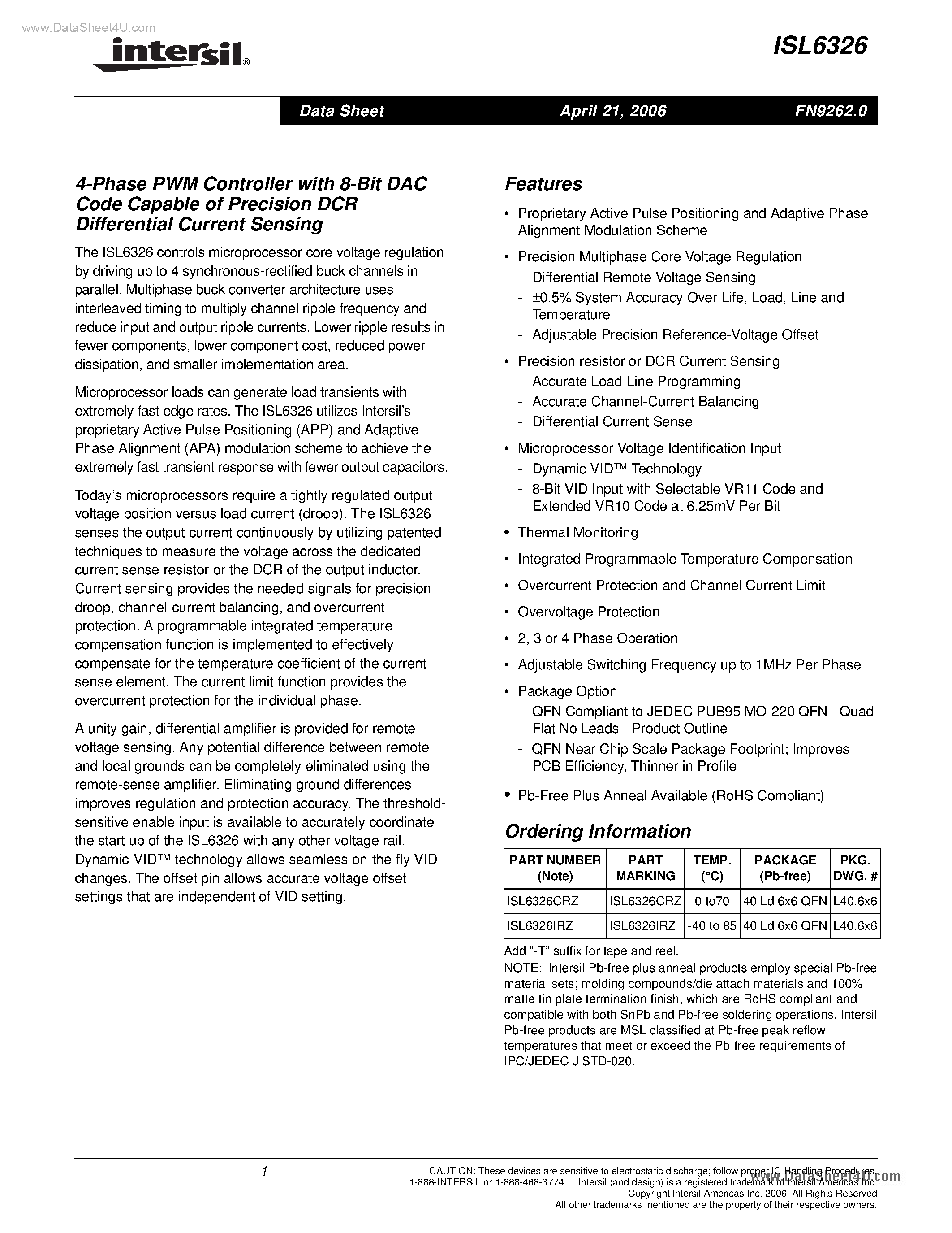 Даташит на микросхему ISL6326 страница 1 Даташит ISL6326 - 4-Phase PWM Controller страница 1