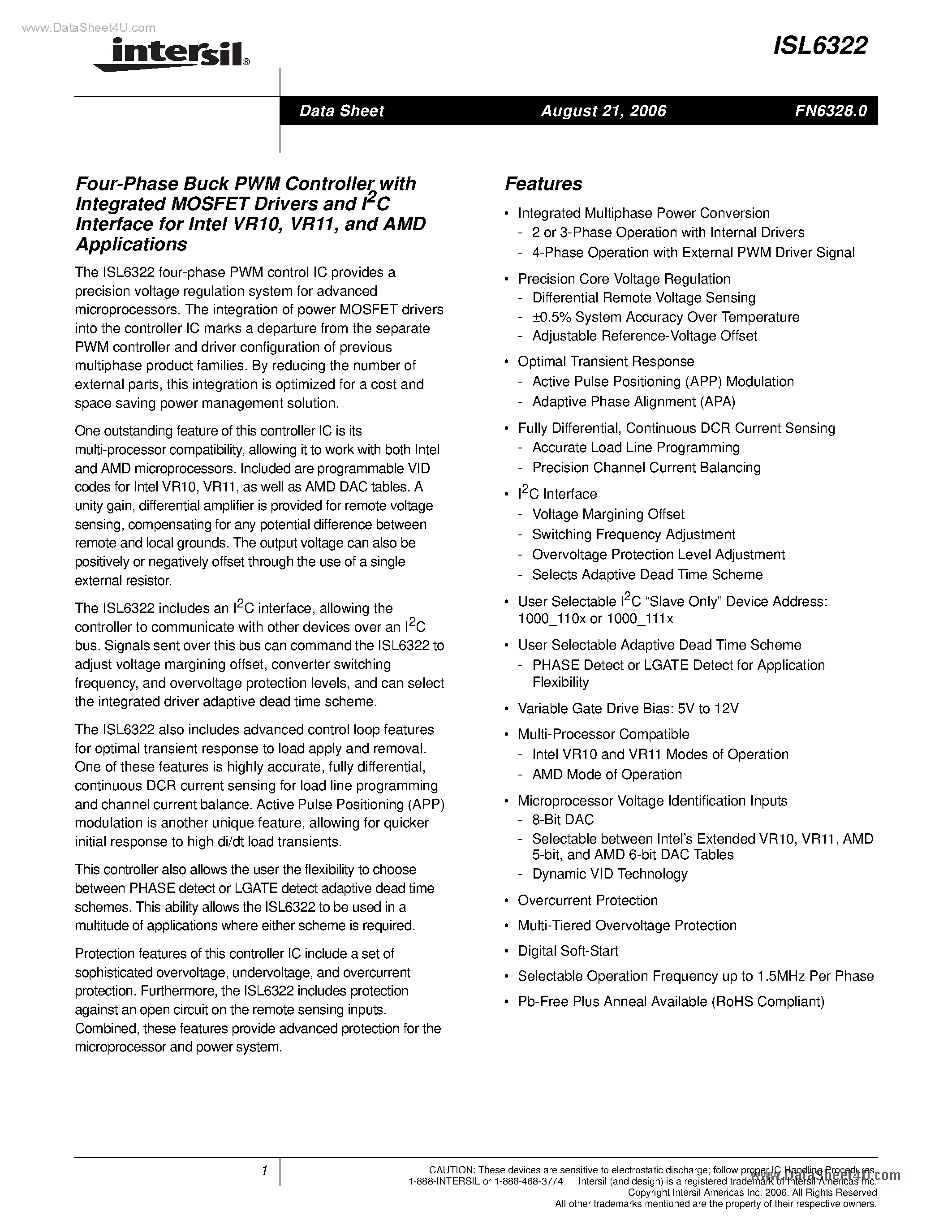Даташит ISL6322 - 4-Phase Buck PWM Controller страница 1