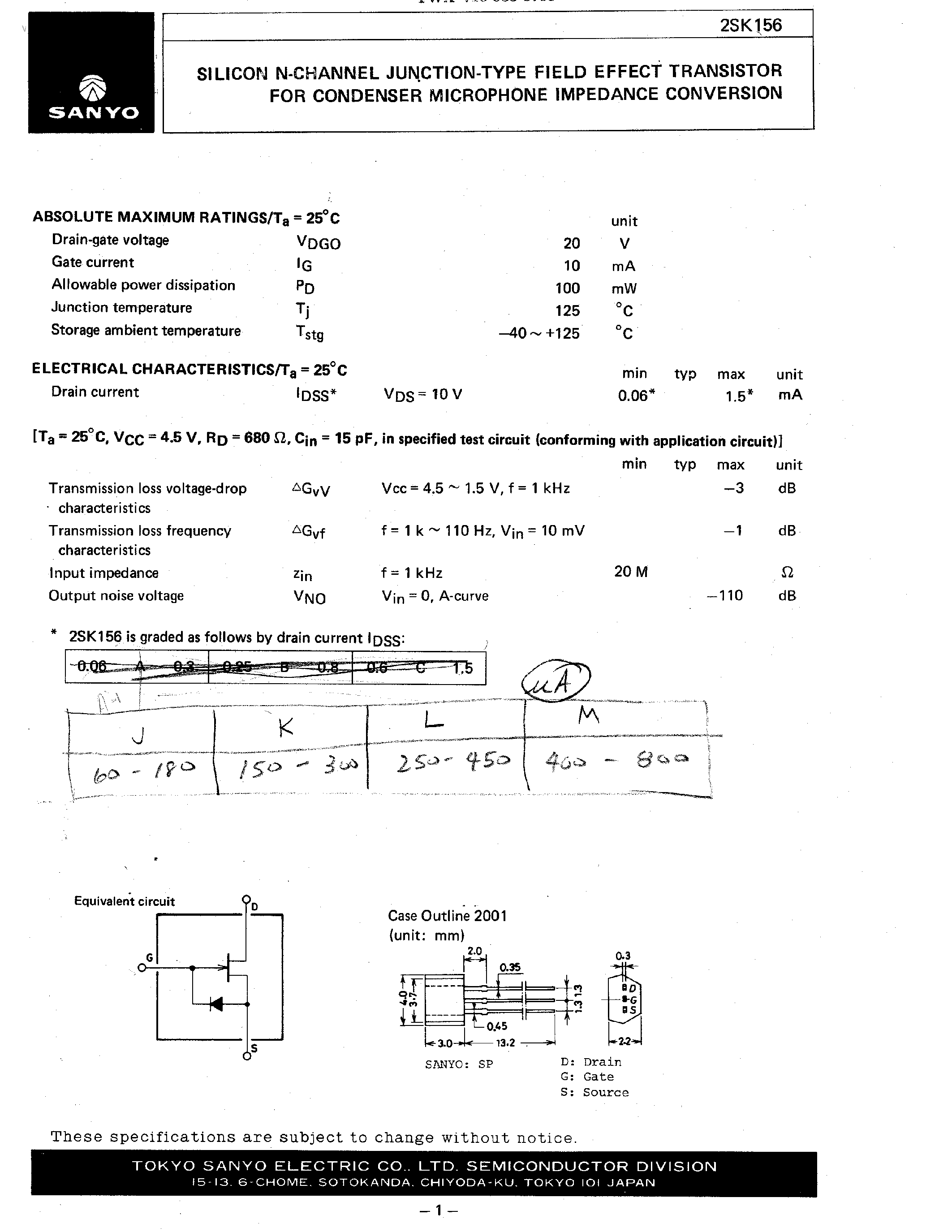 Даташит 2SK156 - SILICON N-CHANNEL JUNCTION-TYPE FIELD EFFECT TRANSISTOR страница 1