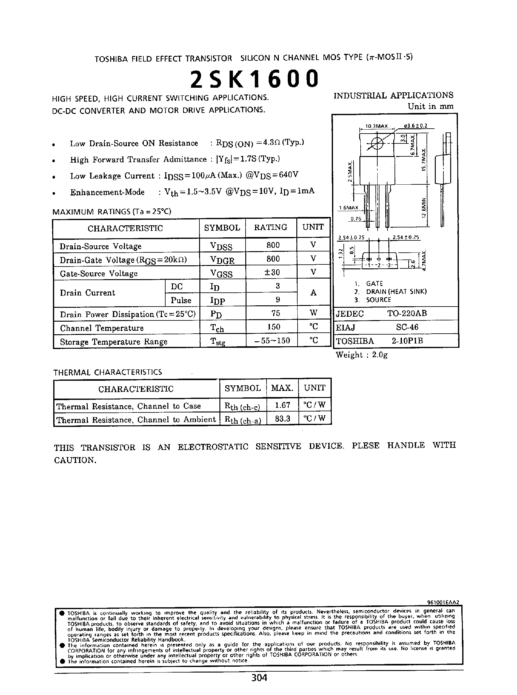 Даташит 2SK1600 - FIELD EFFECT TRANSISTOR SILICON N-CHANNEL MOS TYPE страница 1