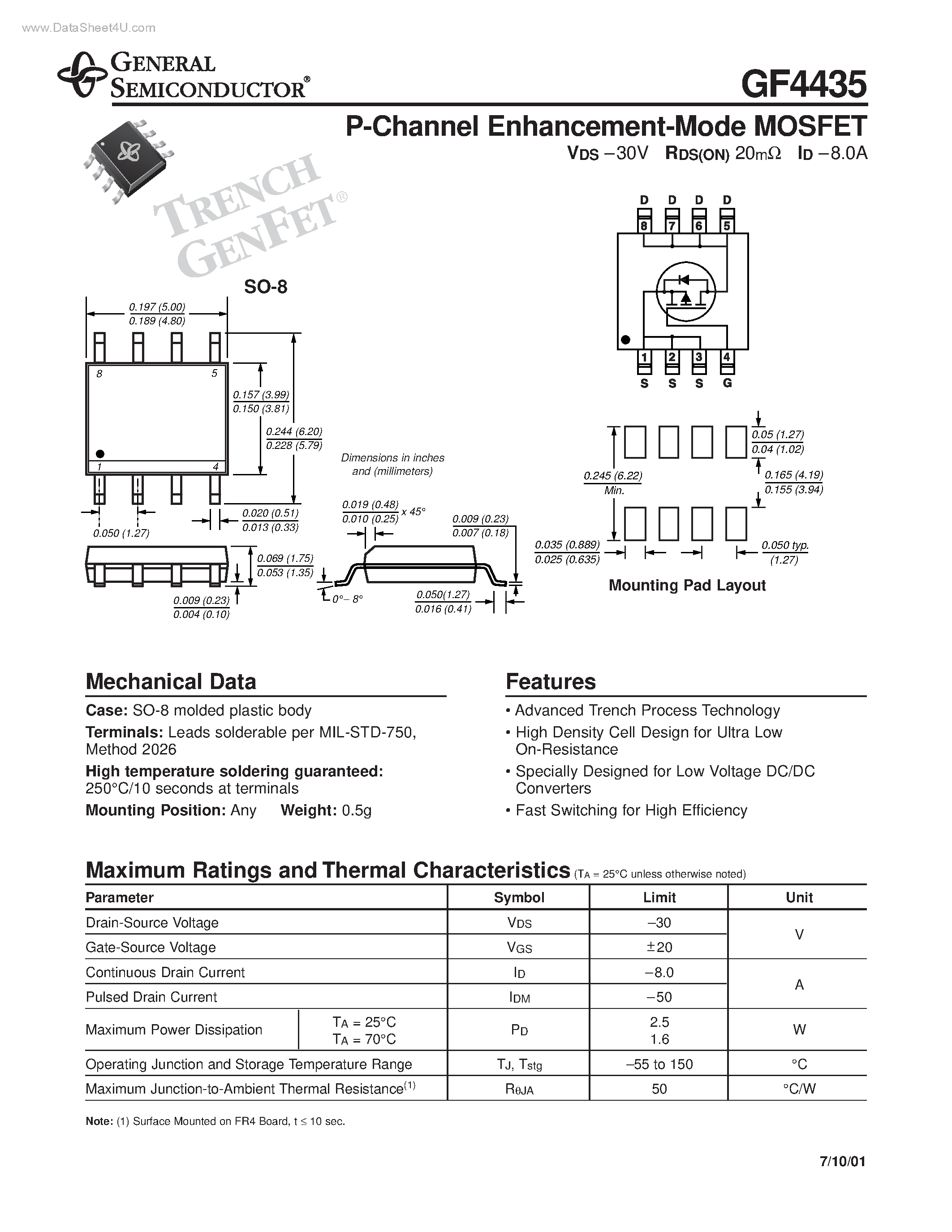 Datasheet GF4435 page 1 Datasheet GF4435 - P-Channel Enhancement-Mode MOSFET page 1