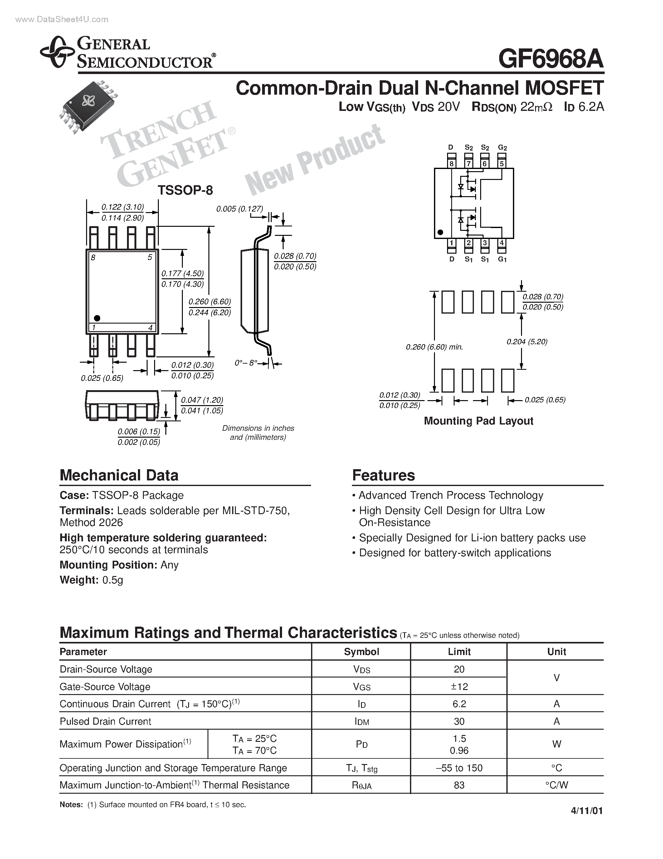 Datasheet GF6968A - Common-Drain Dual N-Channel MOSFET page 1