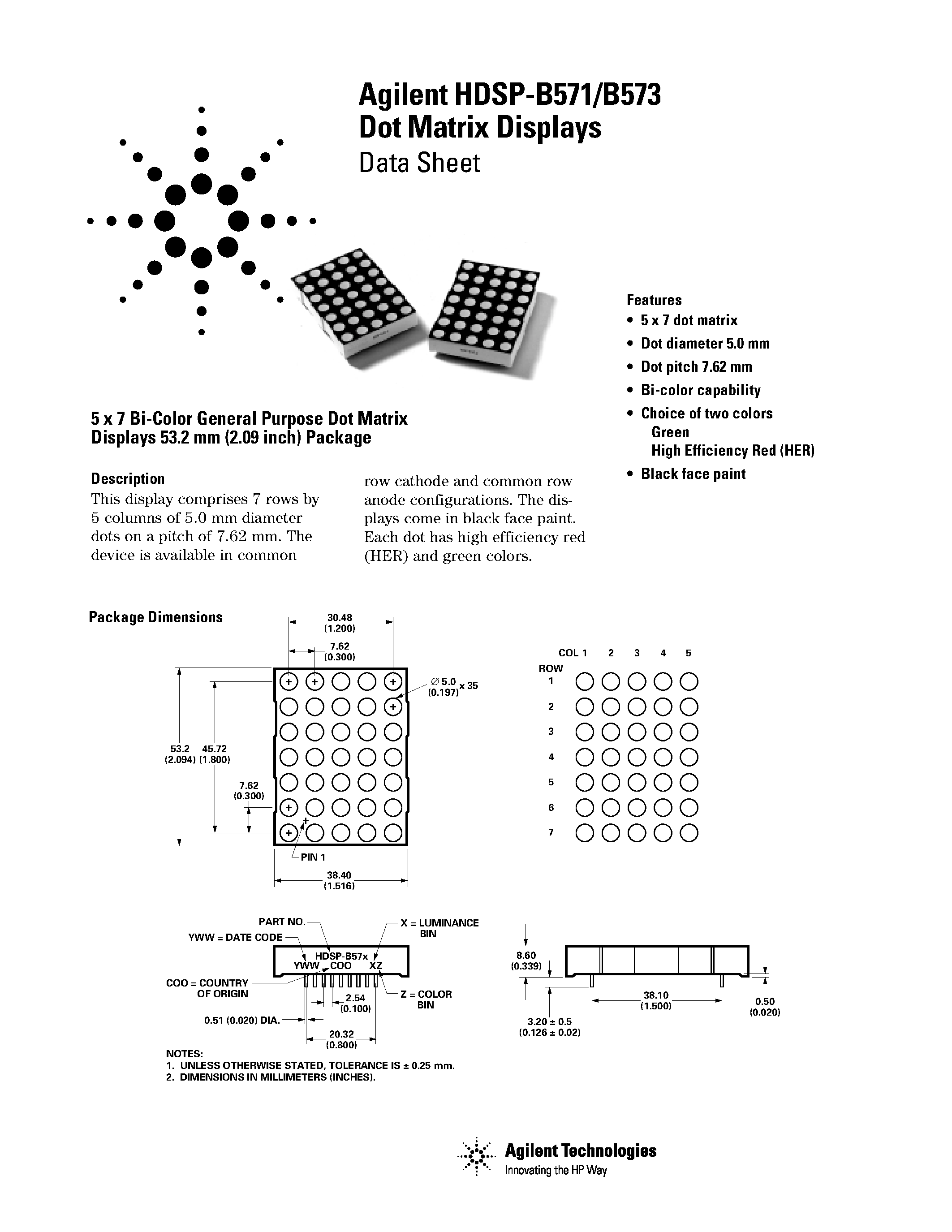 Datasheet HDSP-B571 - (HDSP-B571 / HDSP-B573) Dot Matrix Displays 5 x 7 Bi-Color General Purpose Dot Matrix Displays page 1