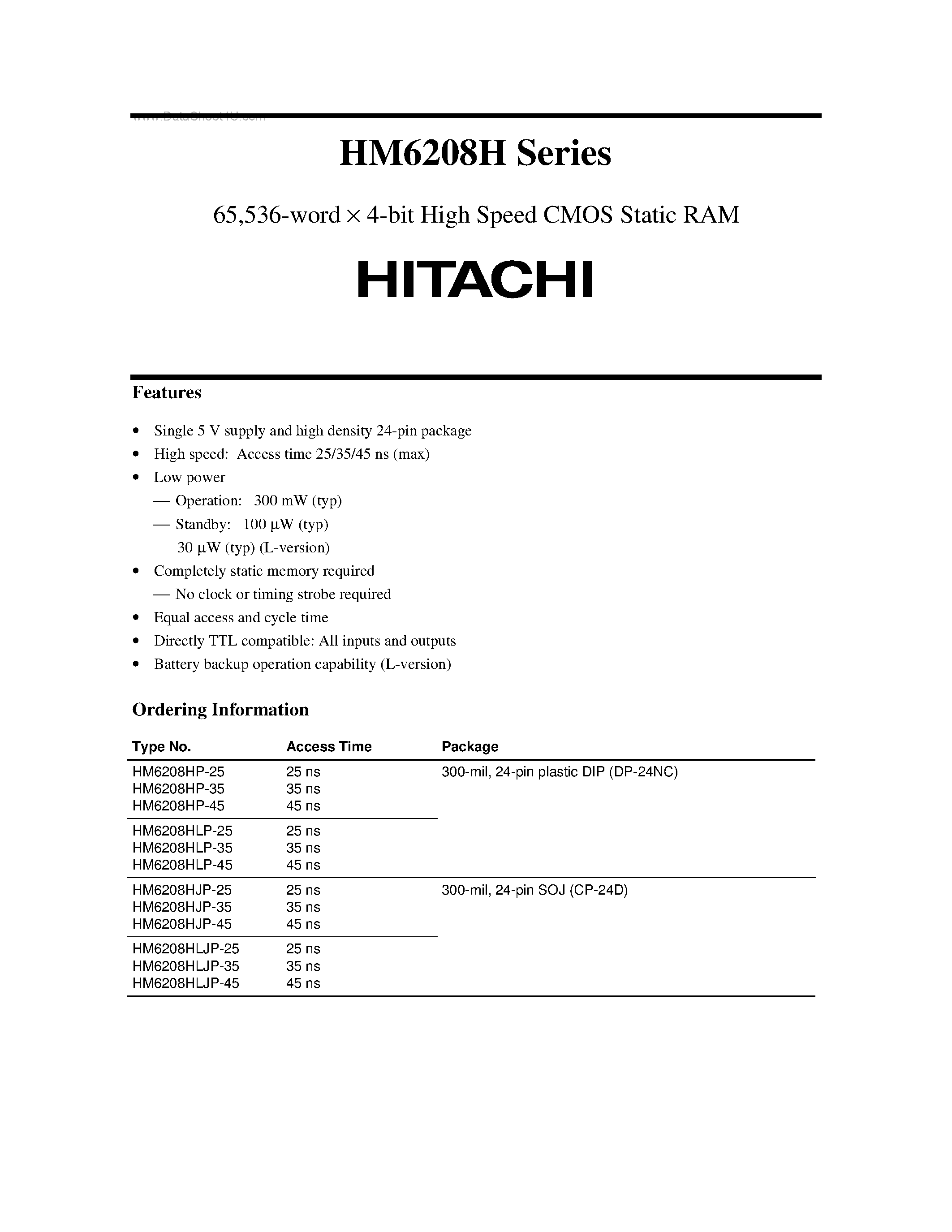 Даташит HM6208H - High Speed CMOS Static RAM страница 1