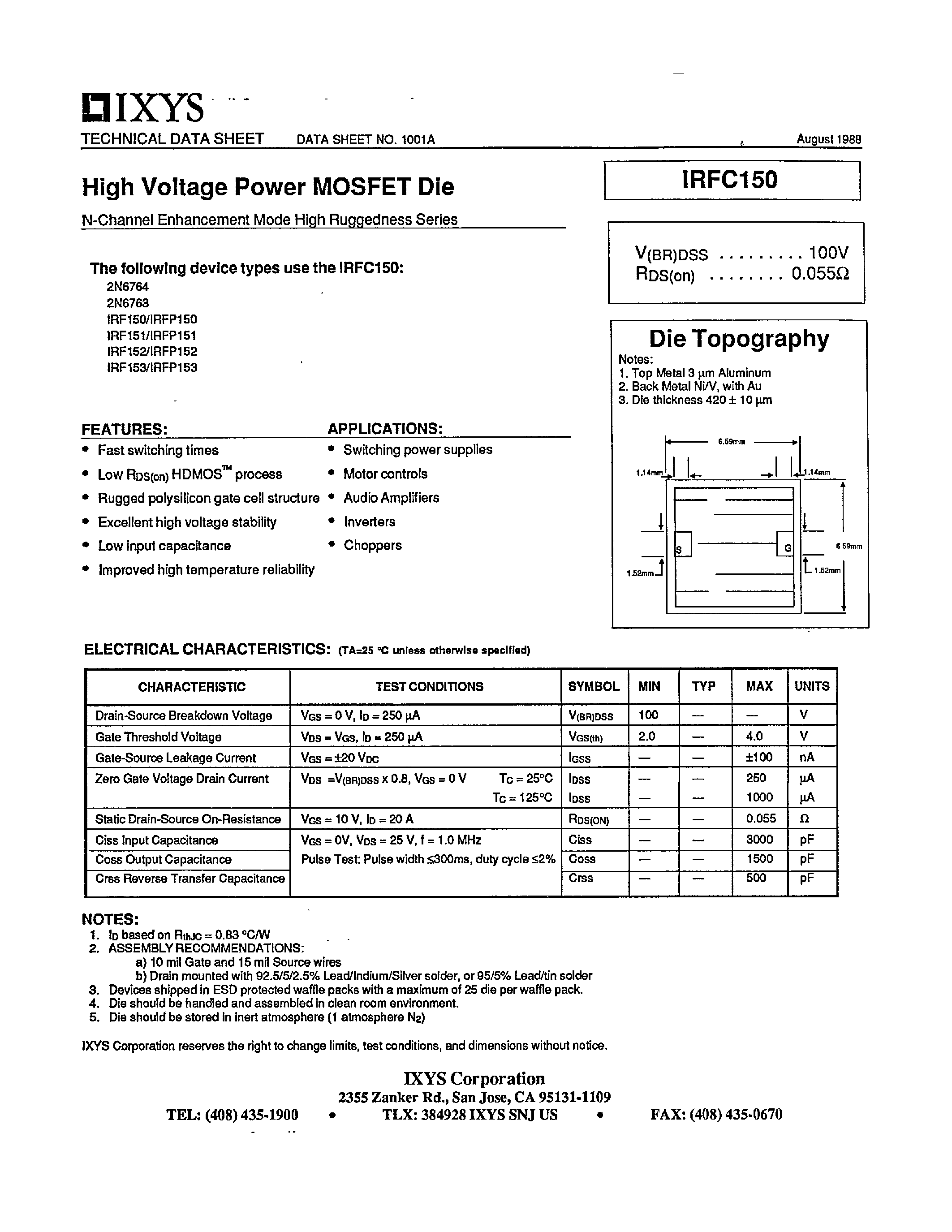Datasheet IRFC150 - HIGH VOLTAGE POWER MOSFET DIE page 1